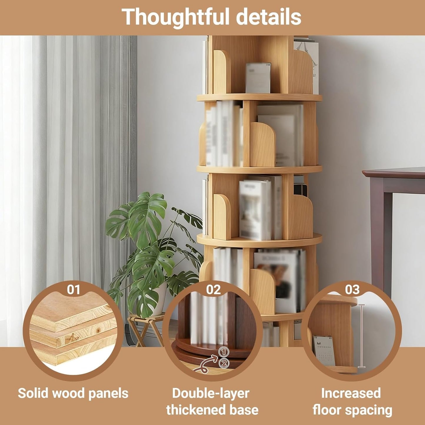 Wooden Adjustable Vertical Spine Rotating Book Tower Floor 360 ° Rotatable Etagere Bookcase with Solid Wood Frame for Living Room, Kitchen, Home Office(White,3-Layer)