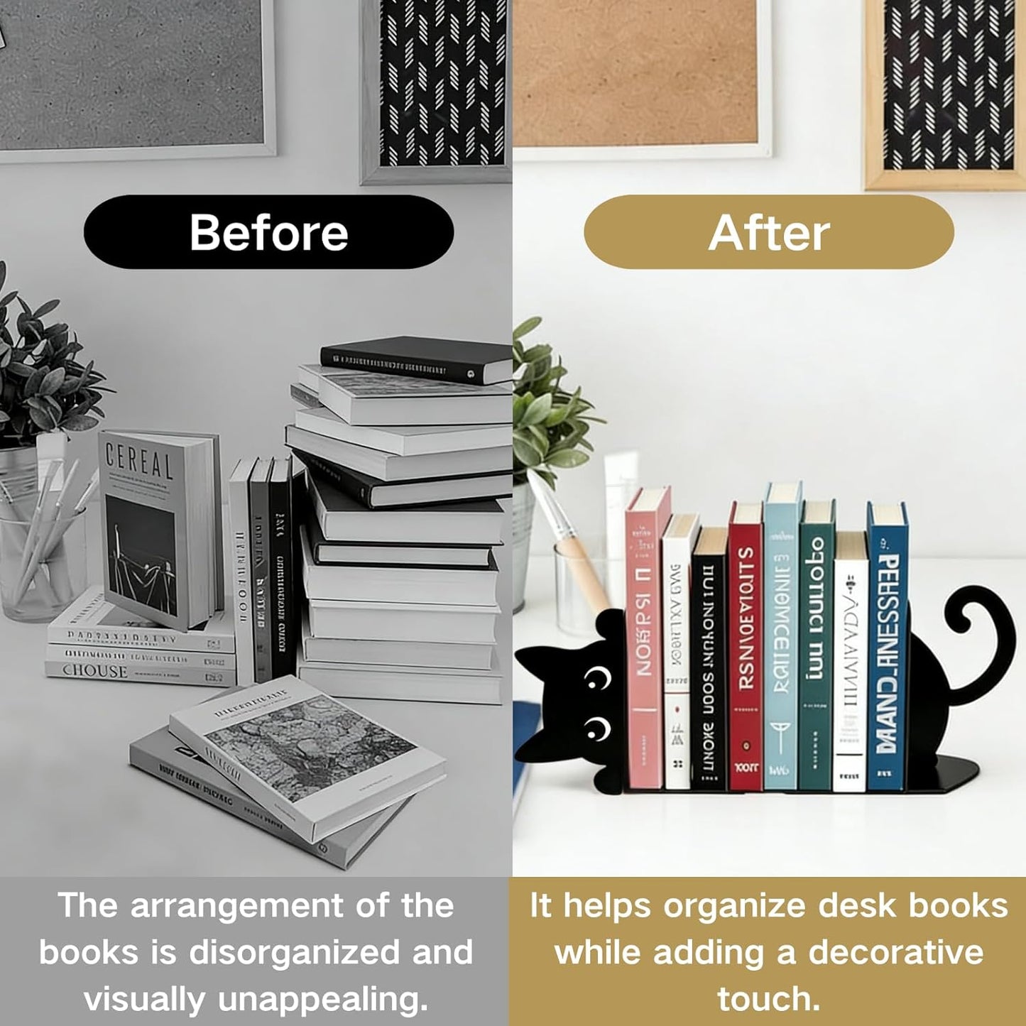 Cat Metal Bookends, Cute Cat Book Ends for Shelves, Home Office Desk Bookshelf Decor, 1.5mm Thick Metal with Non-Slip Pads, Gift for Cat Lovers Book Lovers, 1 Pair