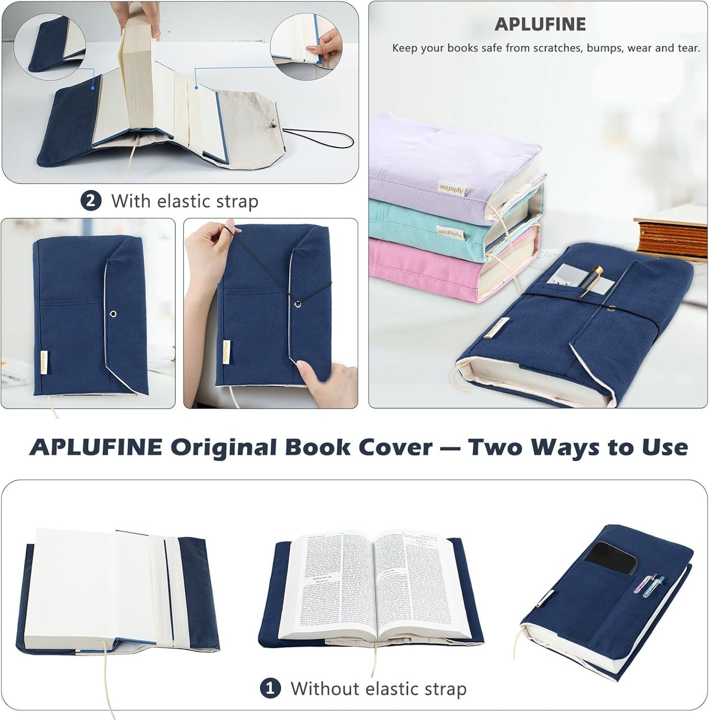 Canvas Book Covers, Washable Book Protector, Book Cover for Paperback Novels, Adjustable Book Cover for Hardcover with Pockets for Pen, Soft Cover Books, Book Lovers Gifts