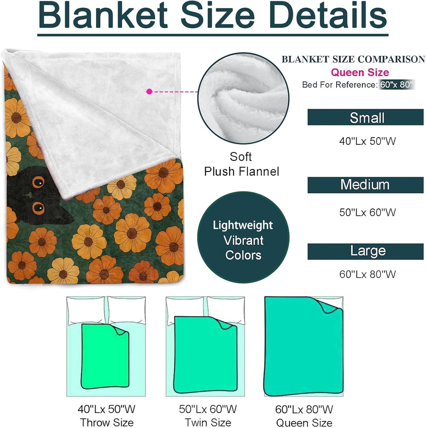 Playful Black Cat Floral Blanket, Flannel Throw Blanket Soft Cozy Lightweight Blankets for Adults Women Kids Home Decor for Sofa Couch Bed 60x50 Inch