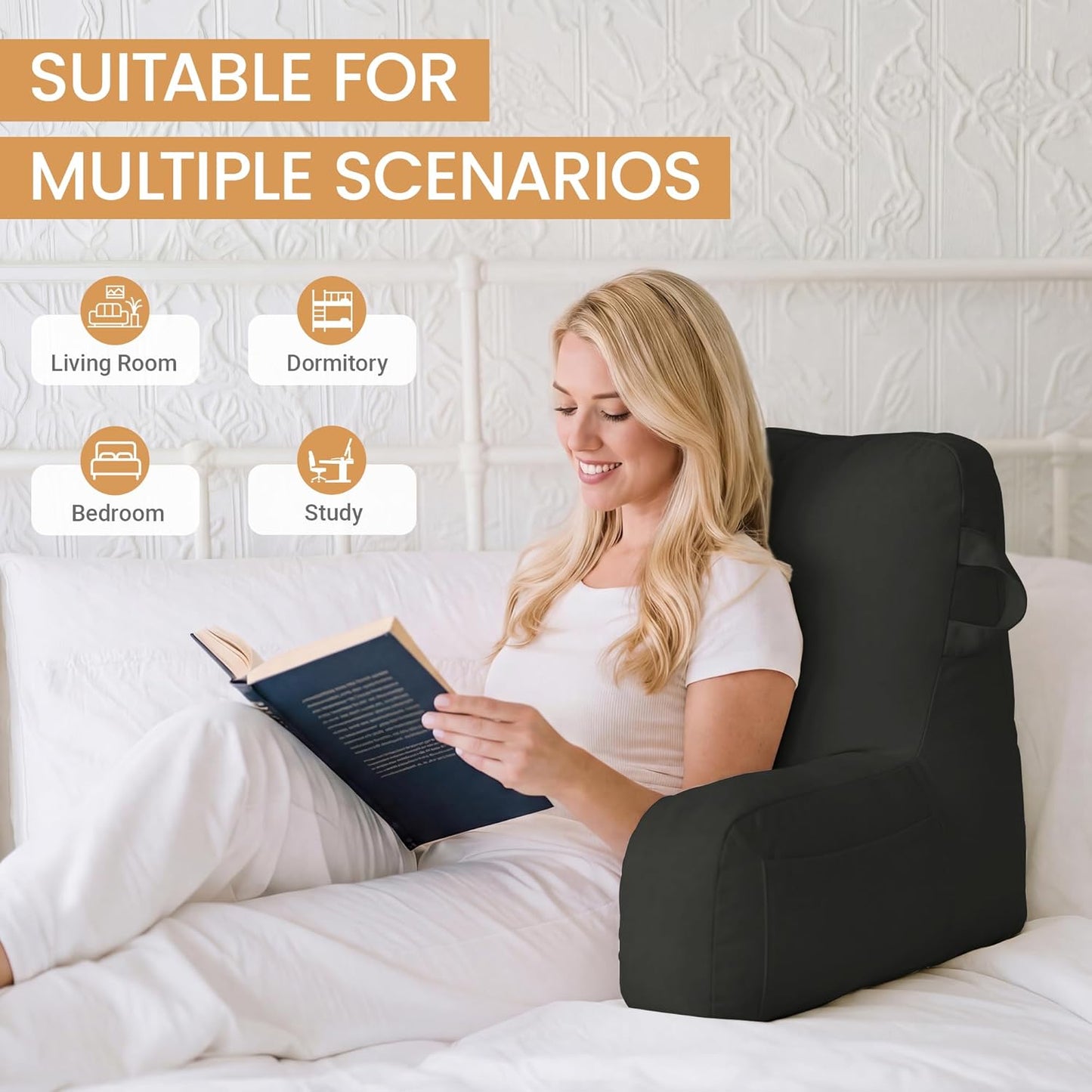 Portable Comfy Reading Pillows for Bed Sitting Up(Grey Oeko-Tex), Velvet Back Pillow with Arms & Pockets for Adults, Support Memory Foam Bed Pillow for Dorm/Reading/Watching/Gaming