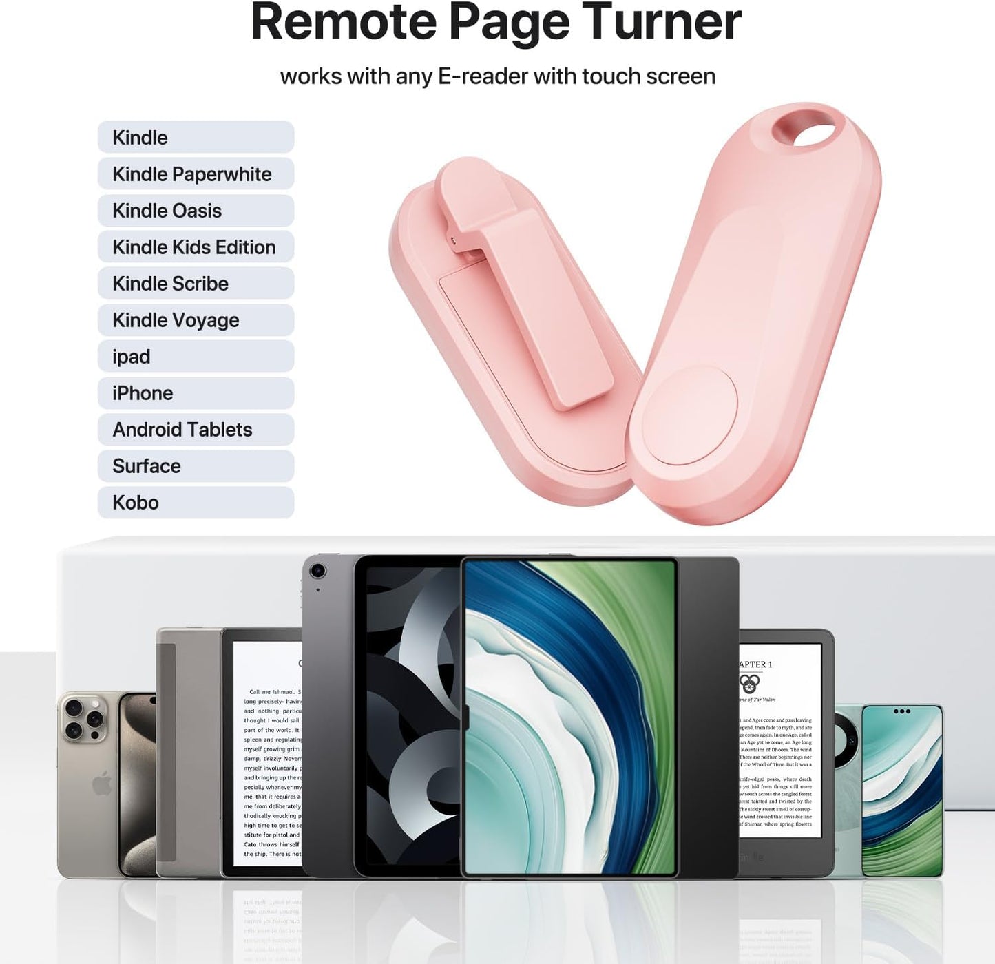 RF Remote Control Page Turner for Kindle Paperwhite Oasis eReaders Kobo,Camera Video Recording Remote Triggers, Page Turner for ipad Tablets Reading Novels Comics (Pink)