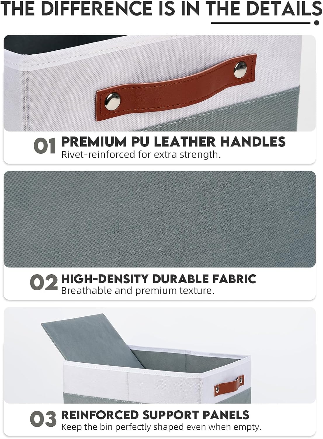 [6-Pack] Fabric Storage Bins (15x11x9.5”) – Reinforced 2.5mm Cardboard Shelf Bins with PU Leather Handles – Durable Storage Baskets for Closet Organization, Toy Organizer, & Home Office – White&Grey