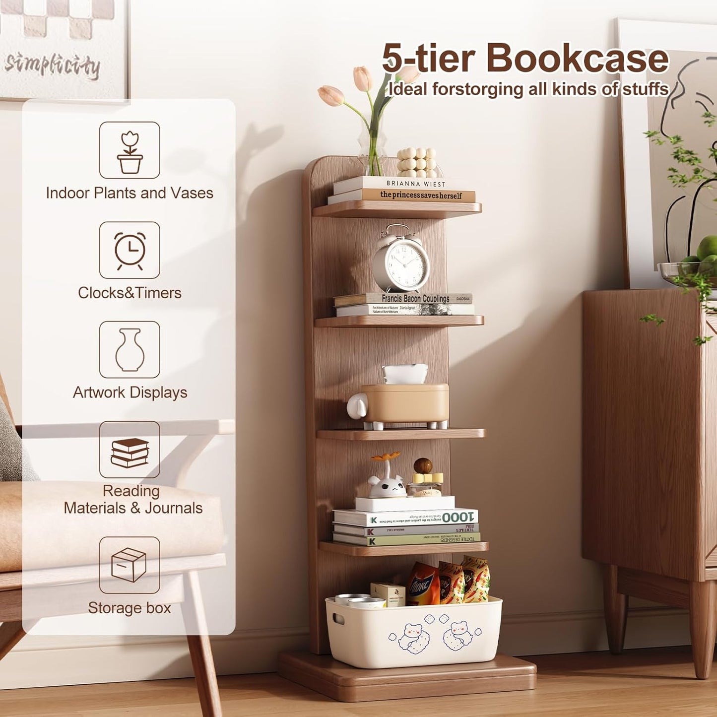 WoodsWhisper Narrow Bookshelf Ladder Bookshelf 5 Shelf Bookcase, Mid Century Modern Bookcase with Freestanding Display Shelves,Anti-tip Device and Thickened Base for Small Space,Living Room, Office