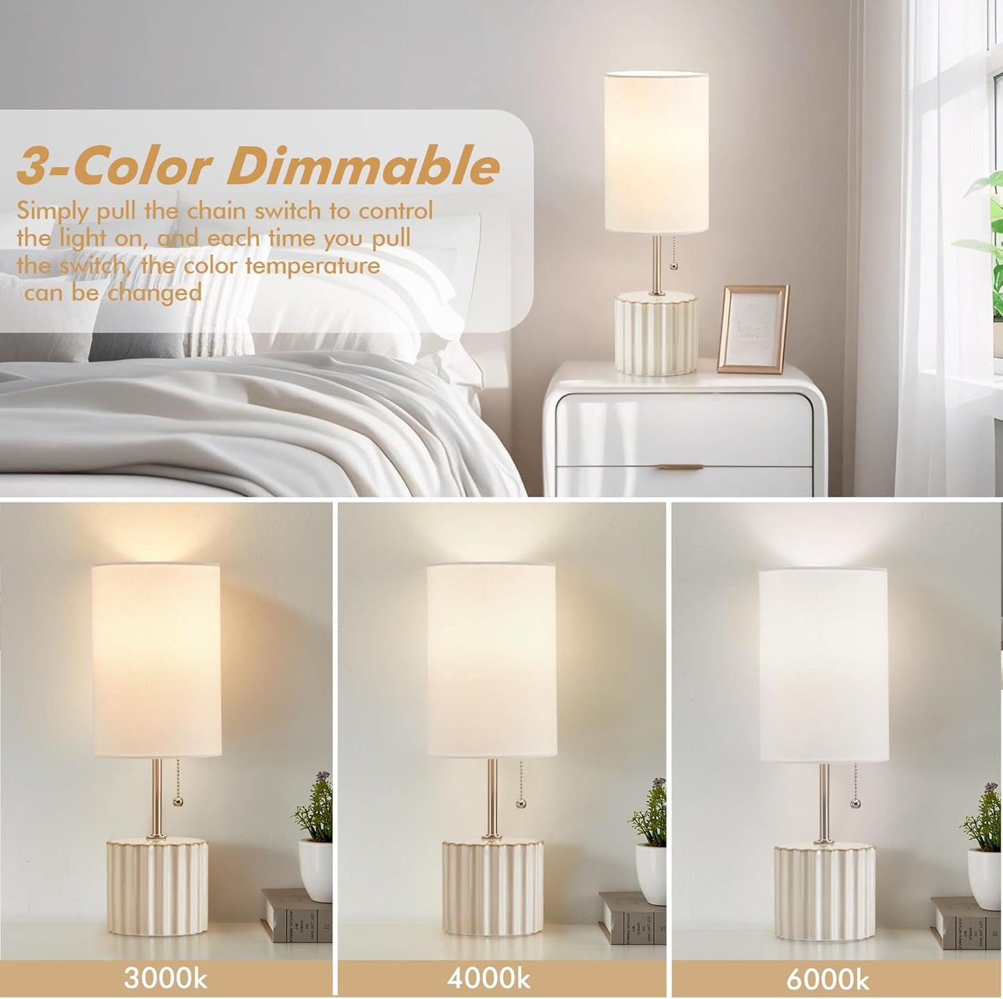 GyroVu Ceramic Small Table Lamp Set of 2, Adjustable Color Temperature Bedside Nightstand Lamps with Pull Chain for Bedroom Living Room Reading, 2 Bulbs