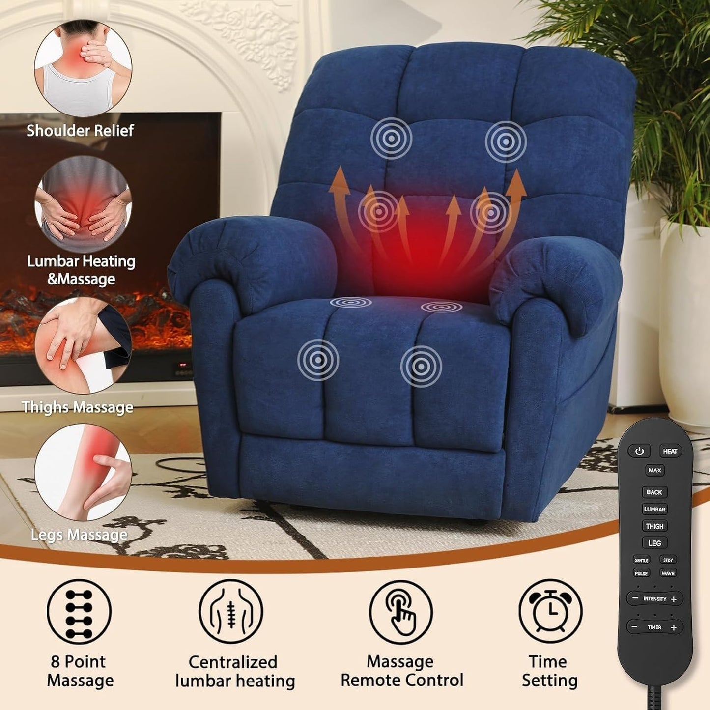 Blue Power Recliner Chair with 8-Point Massage Lumbar Heat Independent Backrest Footrest Control Electric Lift Recliners Chairs for Living Room Bedroom Study
