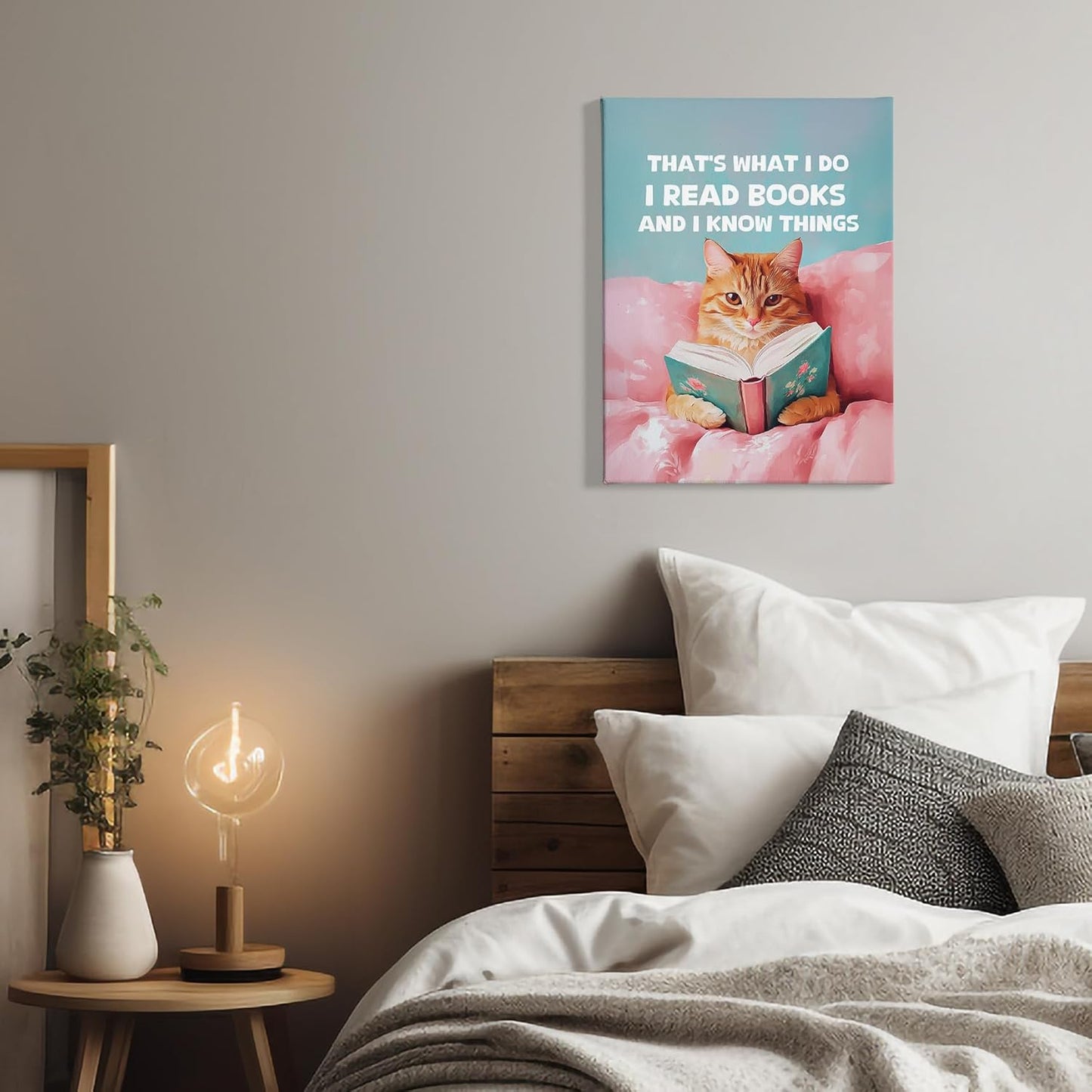 PHAMTE Funny Cat Reading Book Wall Art Decor Canvas 11x14, Orange Cat Bookworm Book Club Pictures Decorations, Bookish Pink Aesthetic Framed Prints Artwork for Reading Room Corner Nook Library Decor