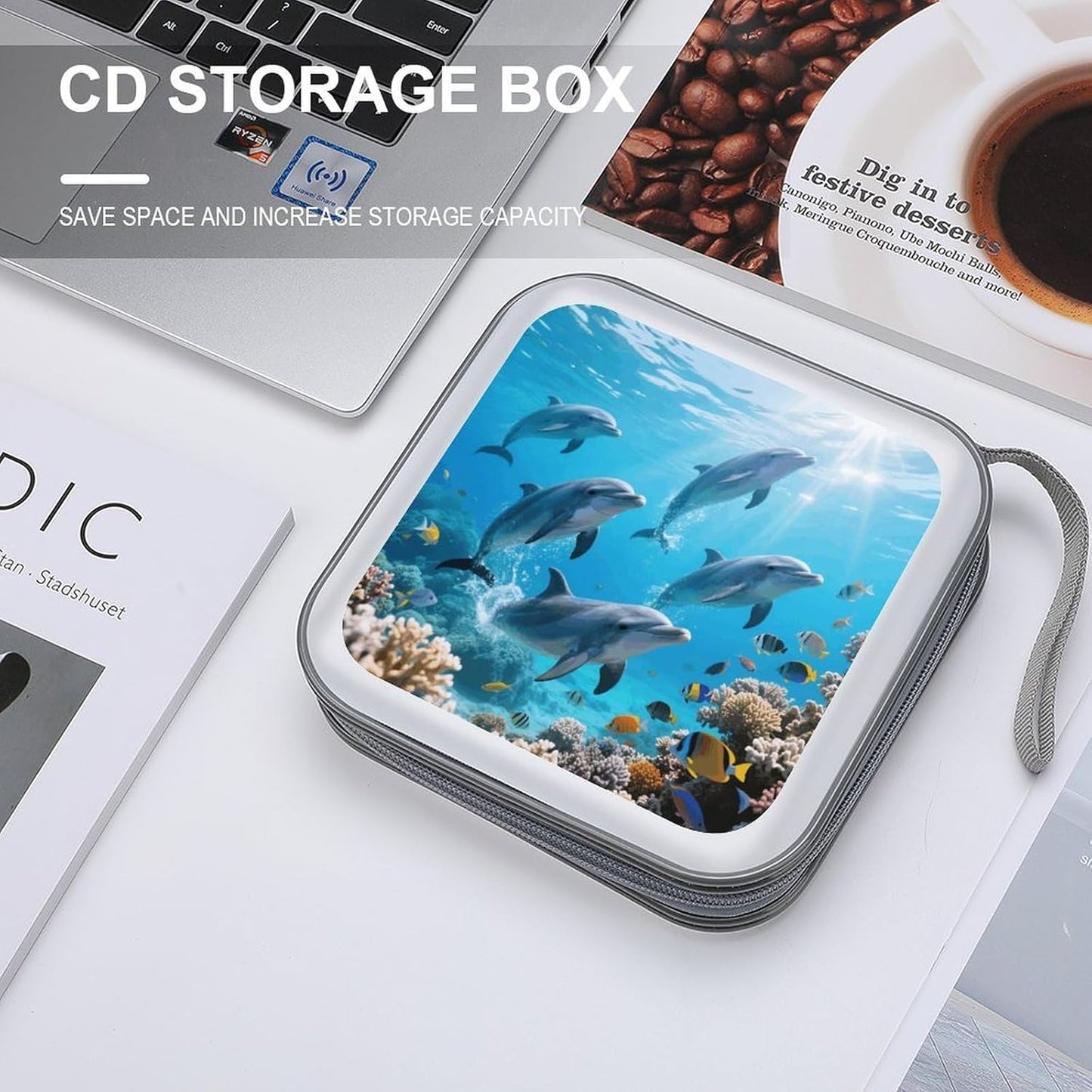 Cute Dolphins CD Case Portable Zipper CD Case 40 Capacity Hard Plastic DVD Cases Holder Large Storage Disc Wallet Bag for Car Home Travel DVD Collection Bag