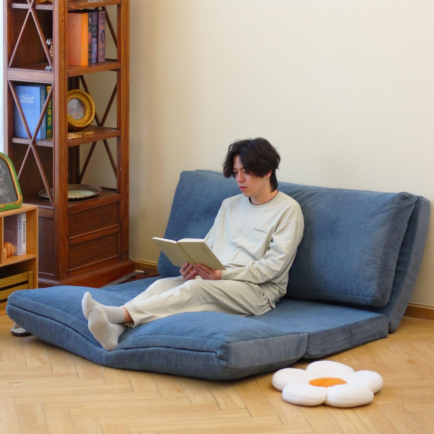 N&V Folding Matress Sofa Bean Bag Bed, Foam Filling Folding Matress Sofa, Includes Removable and Machine Washable Cover, Soft Premium Faux Fur (Large, Blue)