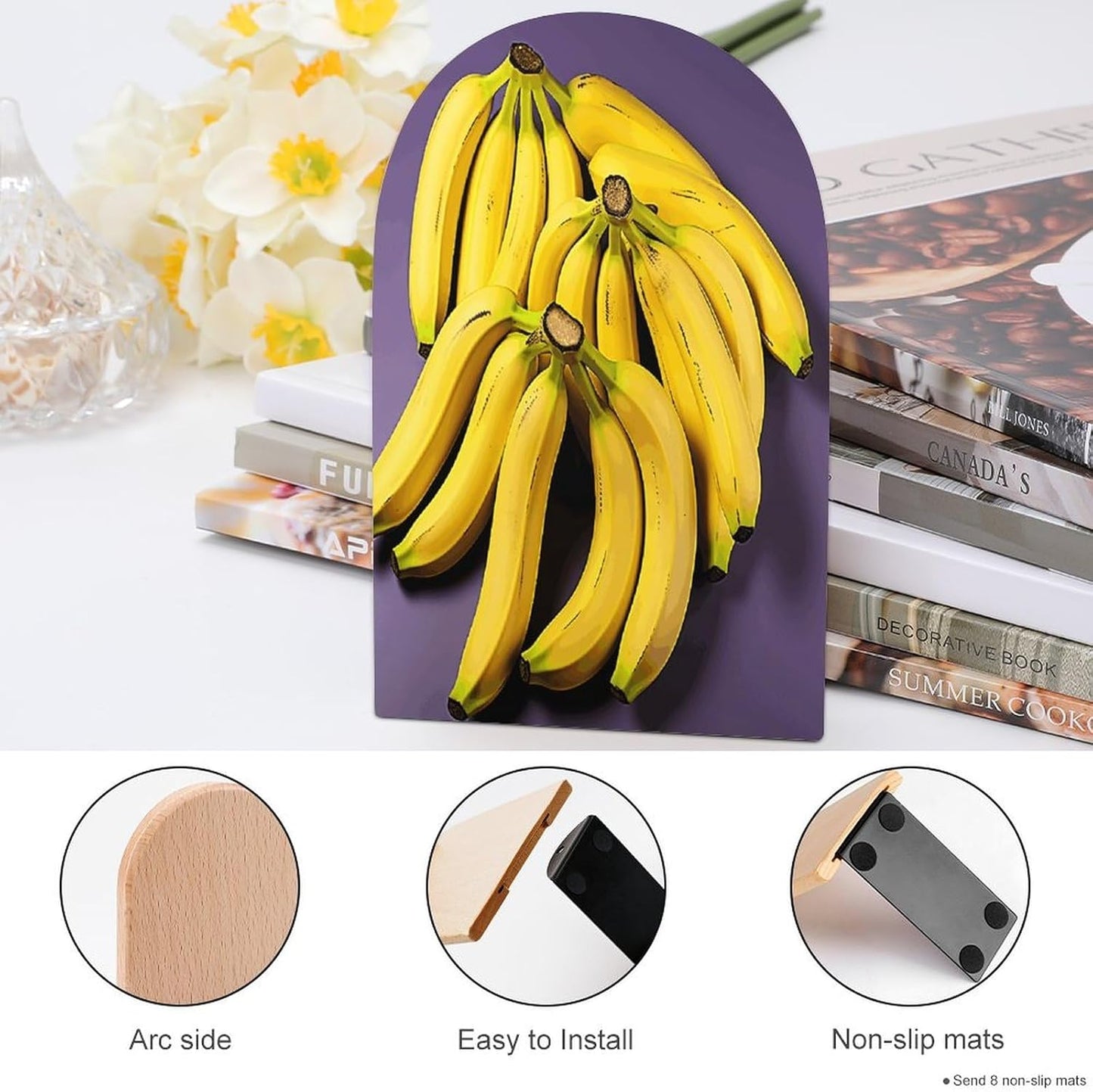 Unique Banana Fruit Bookend for Shelves Wooden Book End Large Size Sturdy Book Holders Stoppers with Metal Base for Bookshelves Slick Decorative Bookends Stands