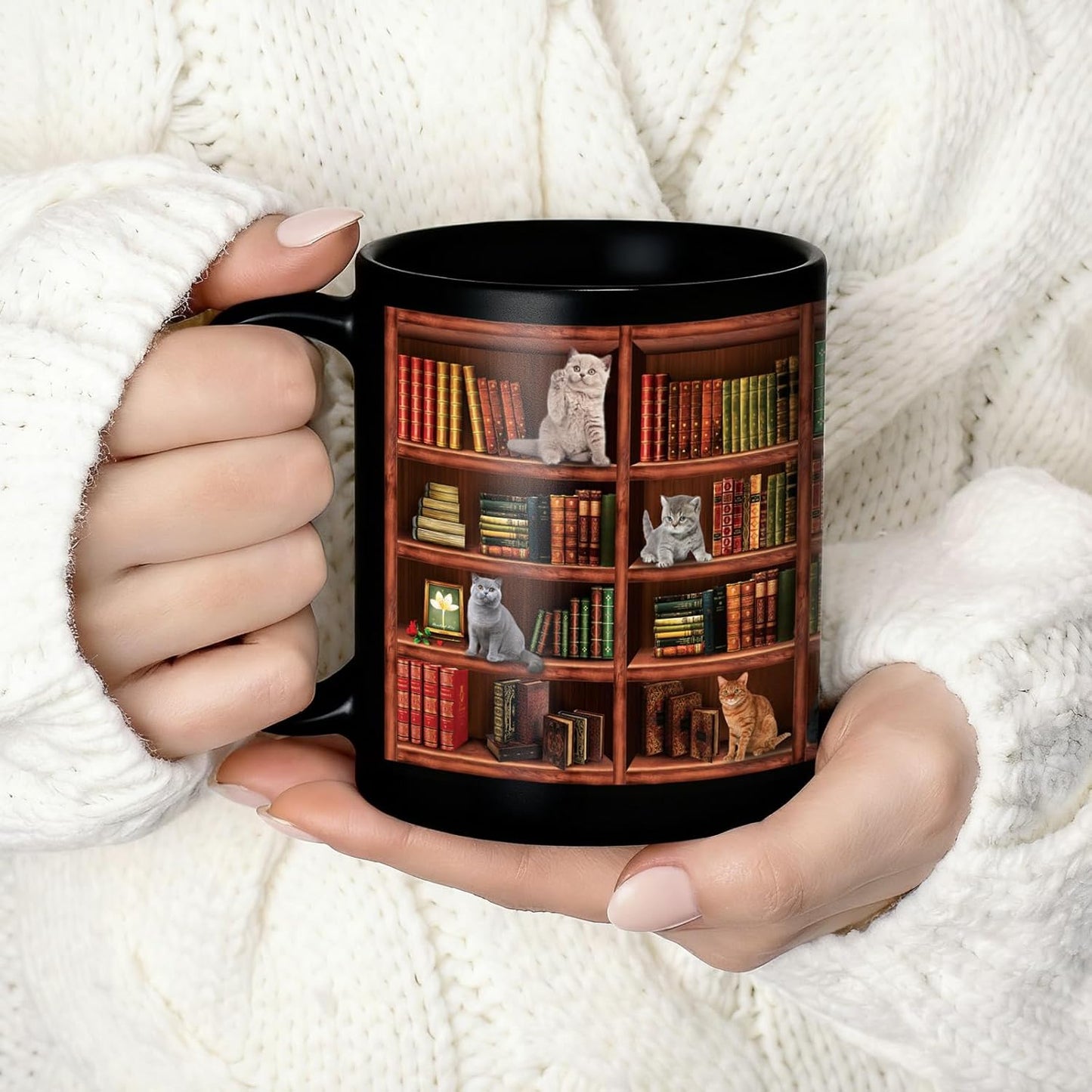 Coffee Mug for Book Lovers - Cat Mugs for Cat Lovers - Funny Mugs Charming Gifts for Book Lover Women and Cute Gifts for Writers & Readers - Library Bookshelf Mug - 11oz Black Ceramic Coffee & Tea Cup