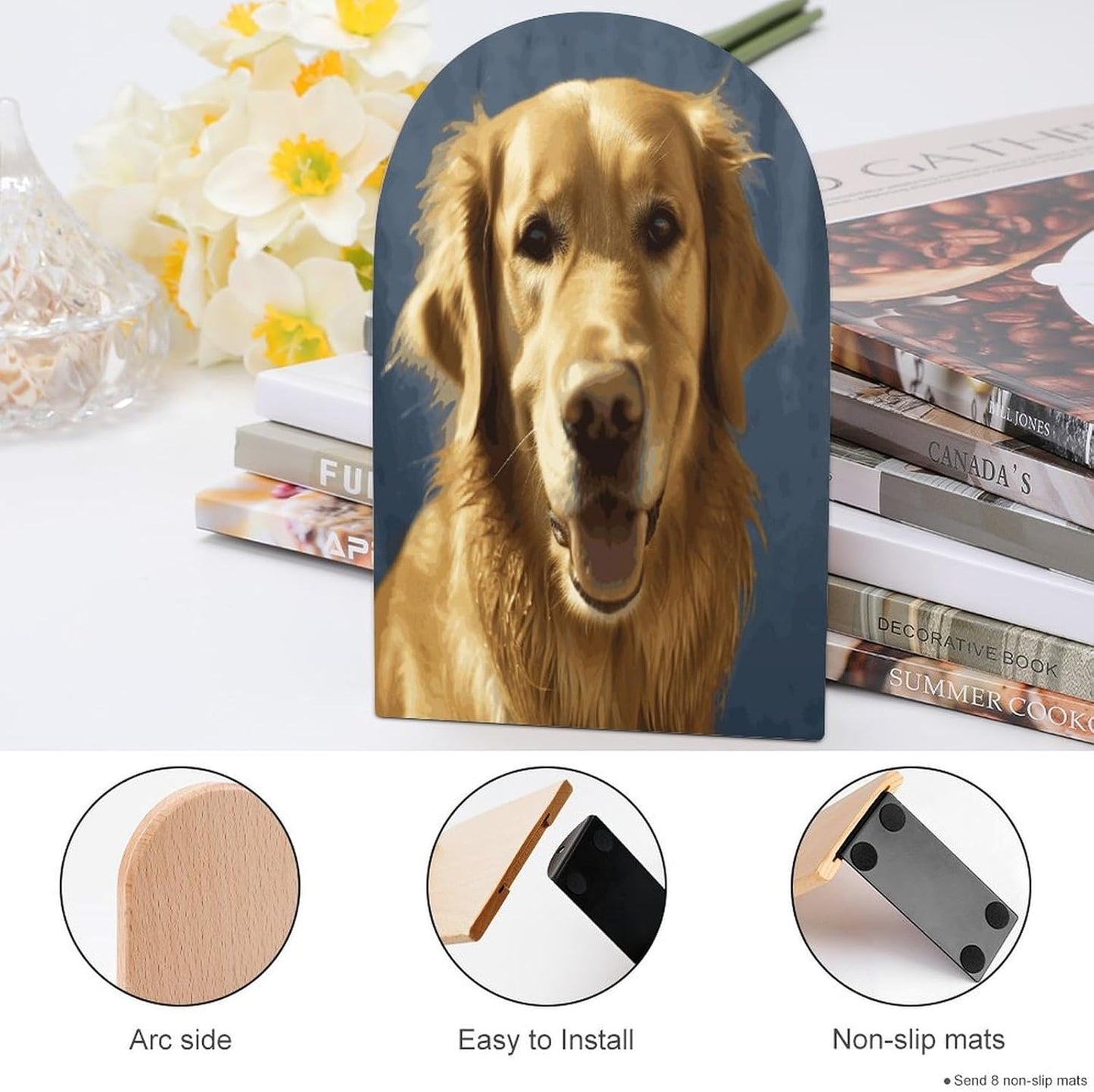 Non-Slip Bookend for Shelves Golden Dog Wooden Bookends with Metal Base Decorative Book Stopper for Home Heavy Duty Wood Book Storage for Books/CDs