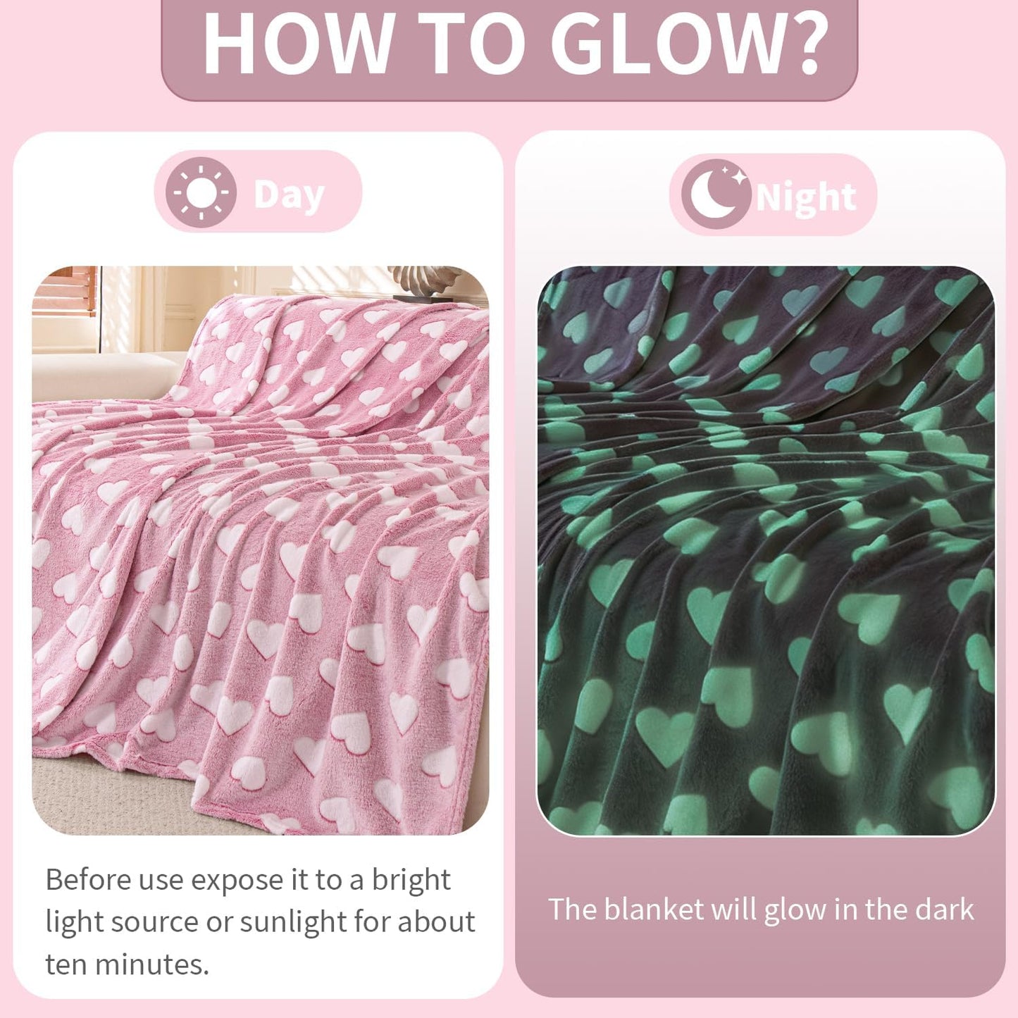 Glow in The Dark Throw Blanket, Soft Pink Heart Throw Blanket with Luminous Heart Pattern, Cozy Soft Blanket for Couch Sofa Bed, Cute Heart Design Blanket, All Season Use, 60 x 80 Inches