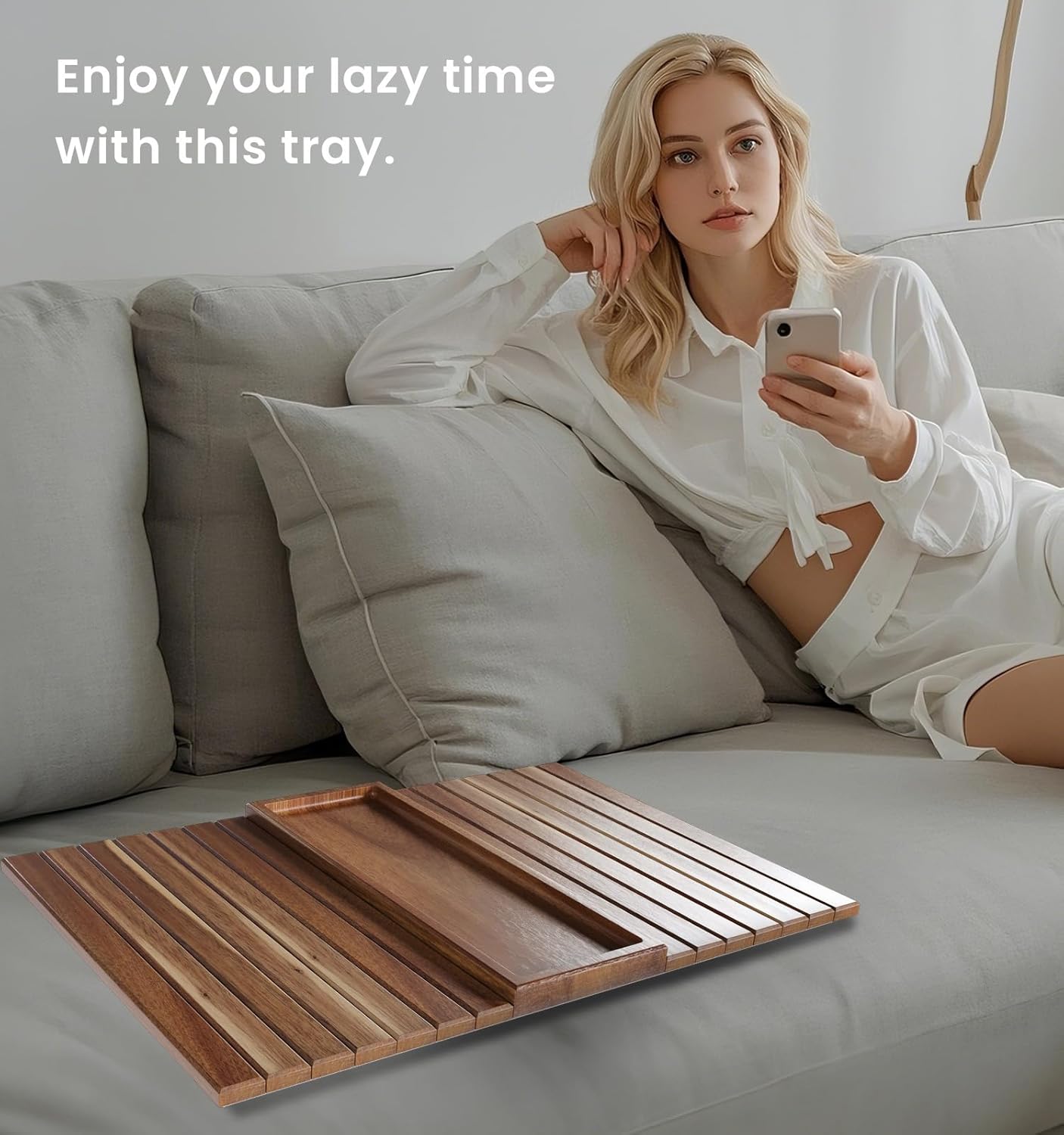 Sofa Arm Tray,Acacia Wood Folding Couch Arm Tray,Sofa Armrest Trays with Anti-Slip Pad for Drinks,Snacks,Phone,Remote Control