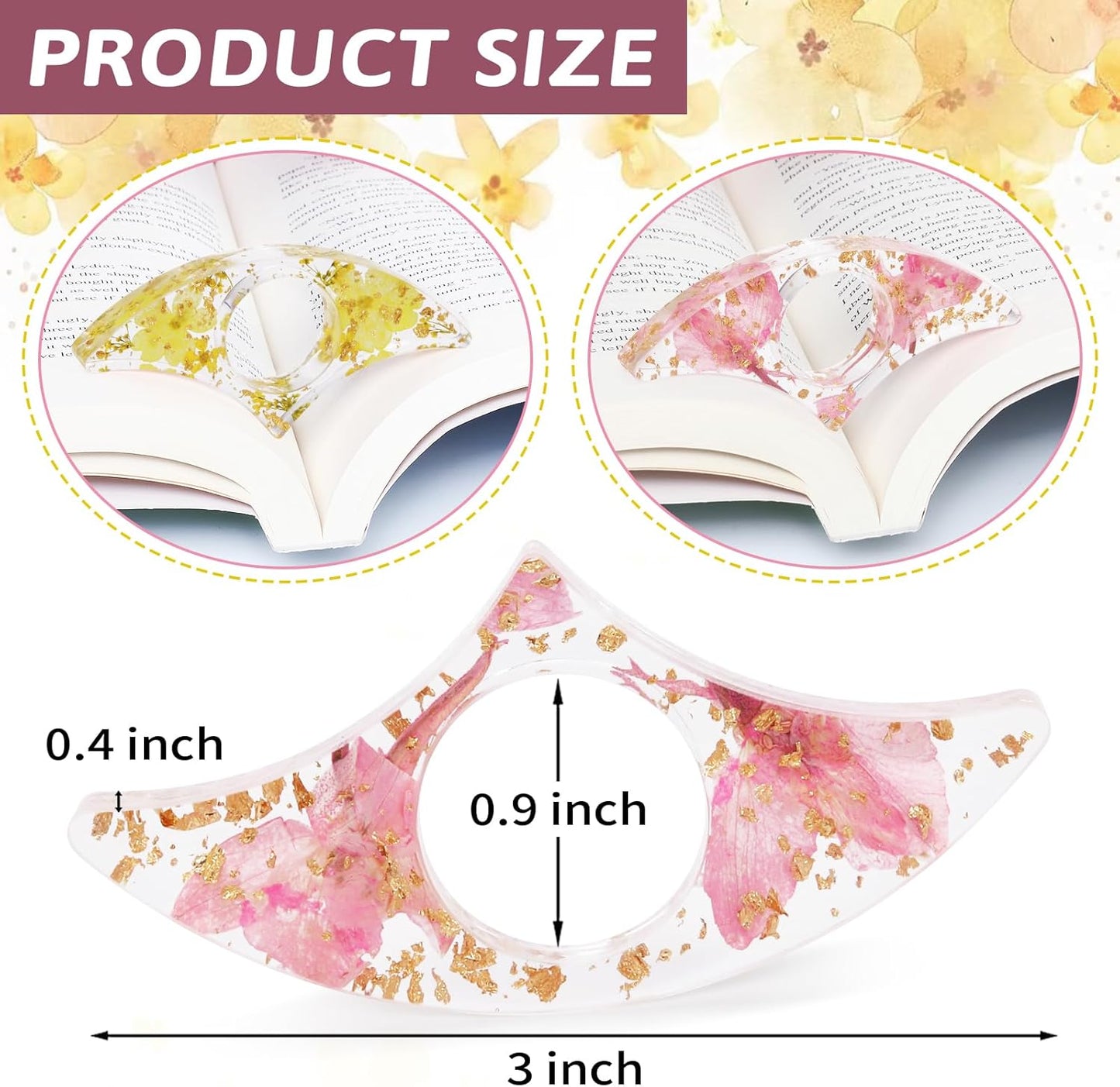 Book Page Holder, Tumwisk 2PCS Reading Accessories, Handmade Dried Flower Thumb Page Holder, Reading Accessories for Book Lovers, Resin Thumb Bookmark Gifts for Readers（Pink and Yellow