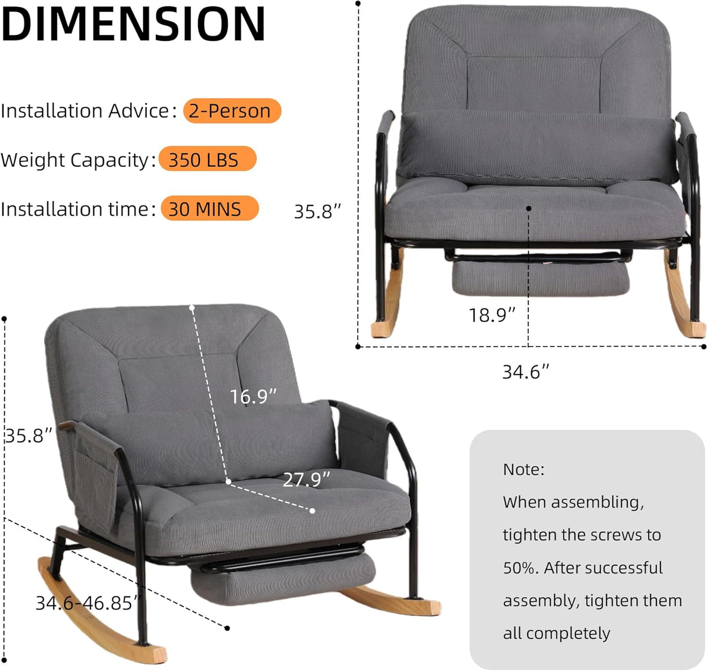 Oversized Reclining Rocking Chair with Foot Rest, 110°–160° Adjustable Backrest, Upholstered Armchair with Side Pocket for Nursery and Living Room, Grey