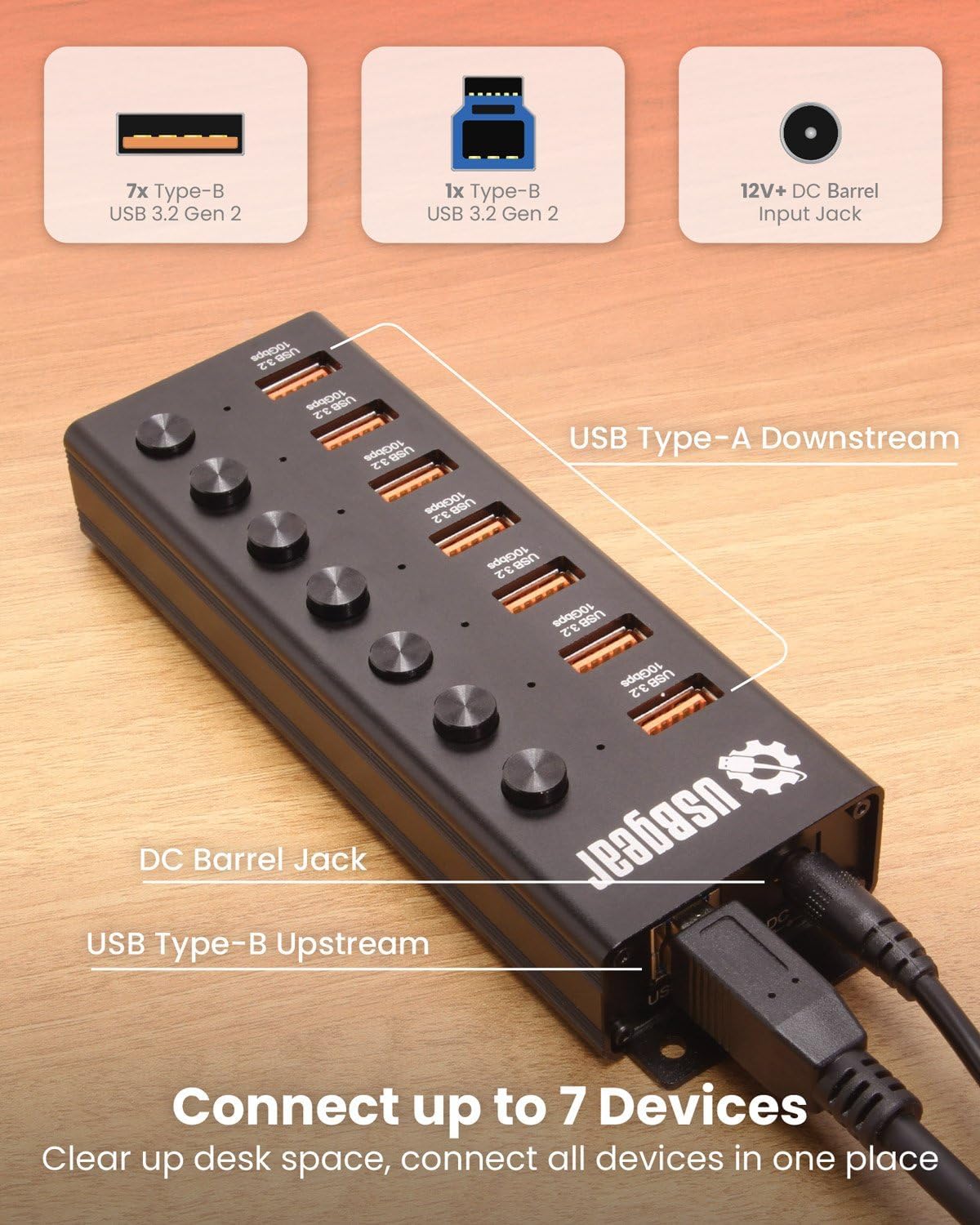 USBGear 7 Port USB Hub 3.2 Gen 2 – 10Gbps Charging Hub with Individual On/Off USB Ports for Laptop, PC, Desktop, 12V/4A Power Adapter with Type-A to Type-B Cable (3ft), Computer Accessories