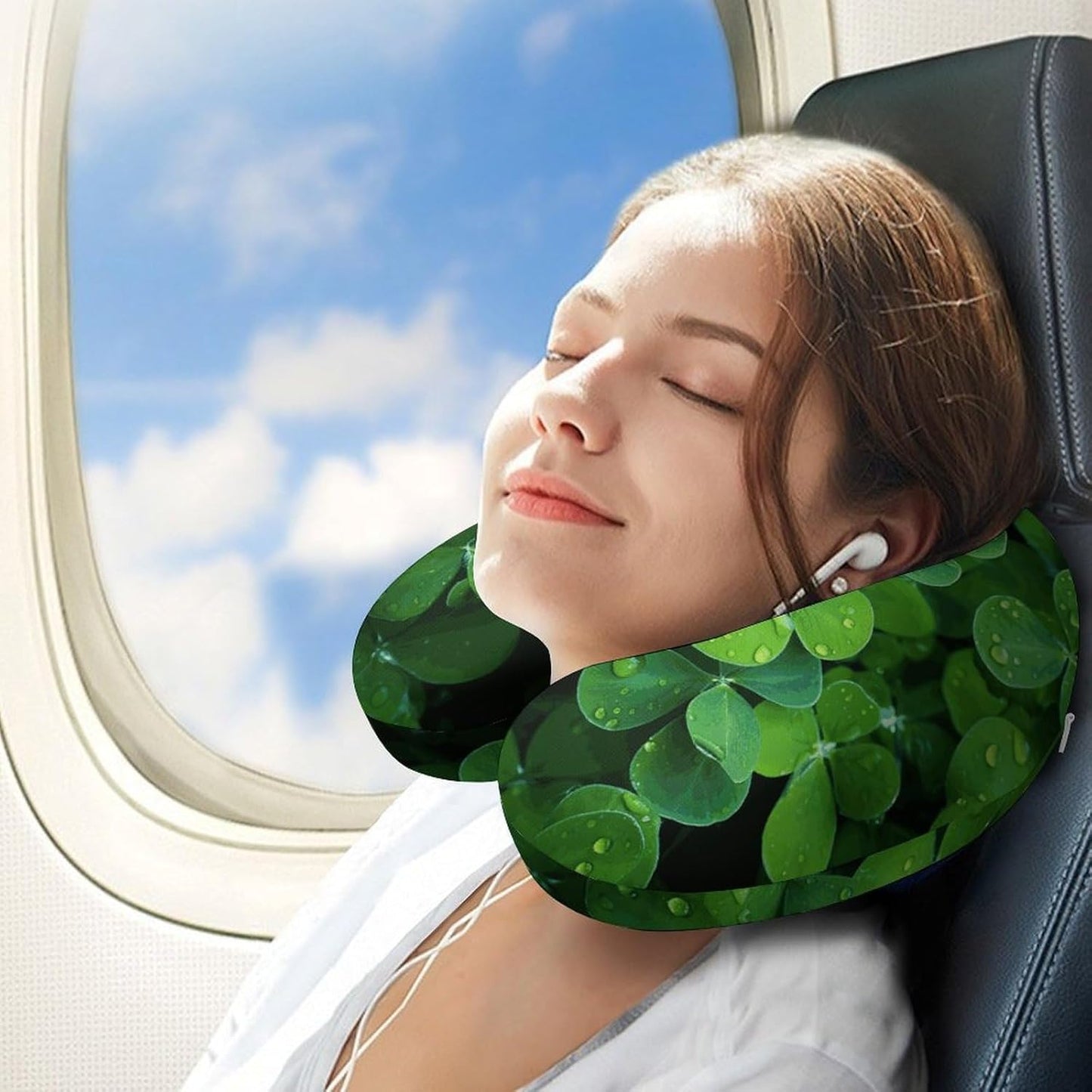 Many Green Clover Neck Pillow Memory Foam U Shaped Pillows Portable Pillows for Shoulder Travel Head Support Pillow with Concealed Zipper for Airplane Car Home Office