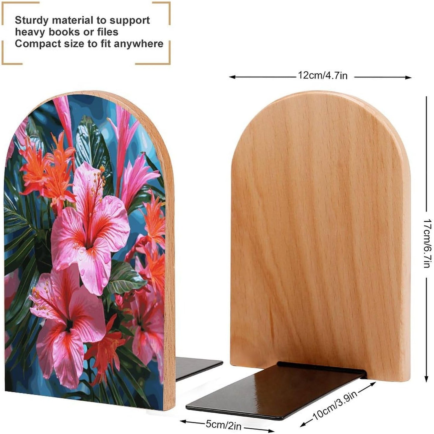 Pink Flower Tropical Plant Bookend for Shelves Wooden Book End Large Size Sturdy Book Holders Stoppers with Metal Base for Bookshelves Slick Decorative Bookends Stands