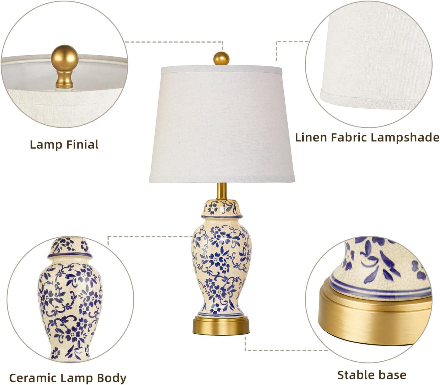 RORIANO Chinoiserie Ceramic Table Lamps Set of 2 for Living Room Bedroom Bedside, Traditional Blue Porcelain Classic Table Lamp for Nightstand Entryway, 2 LED Bulbs Included (Gold)