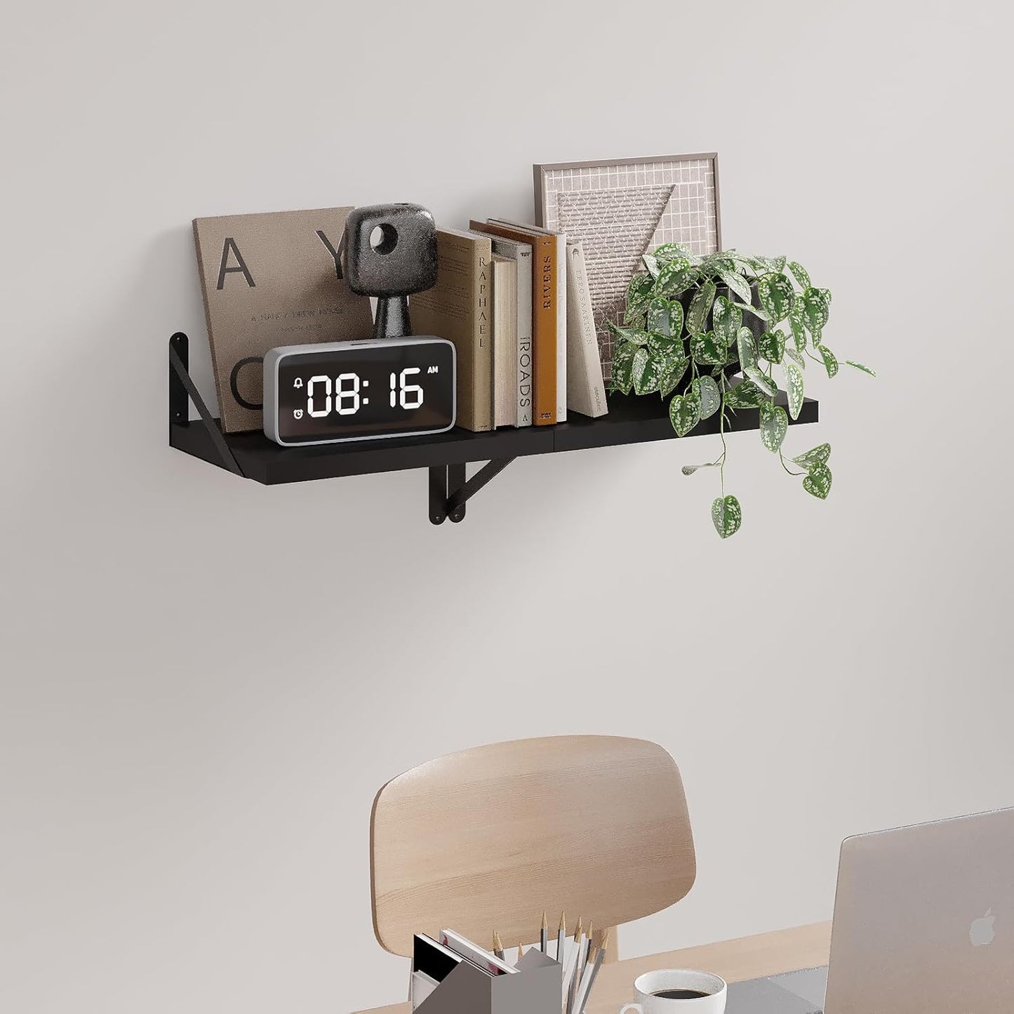 SAUMONIERES Floating Shelves Bookshelf for Bedroom Bathroom Living Room Wood Wall Mounted Wide Deep Storage, Black Painted Set of 2