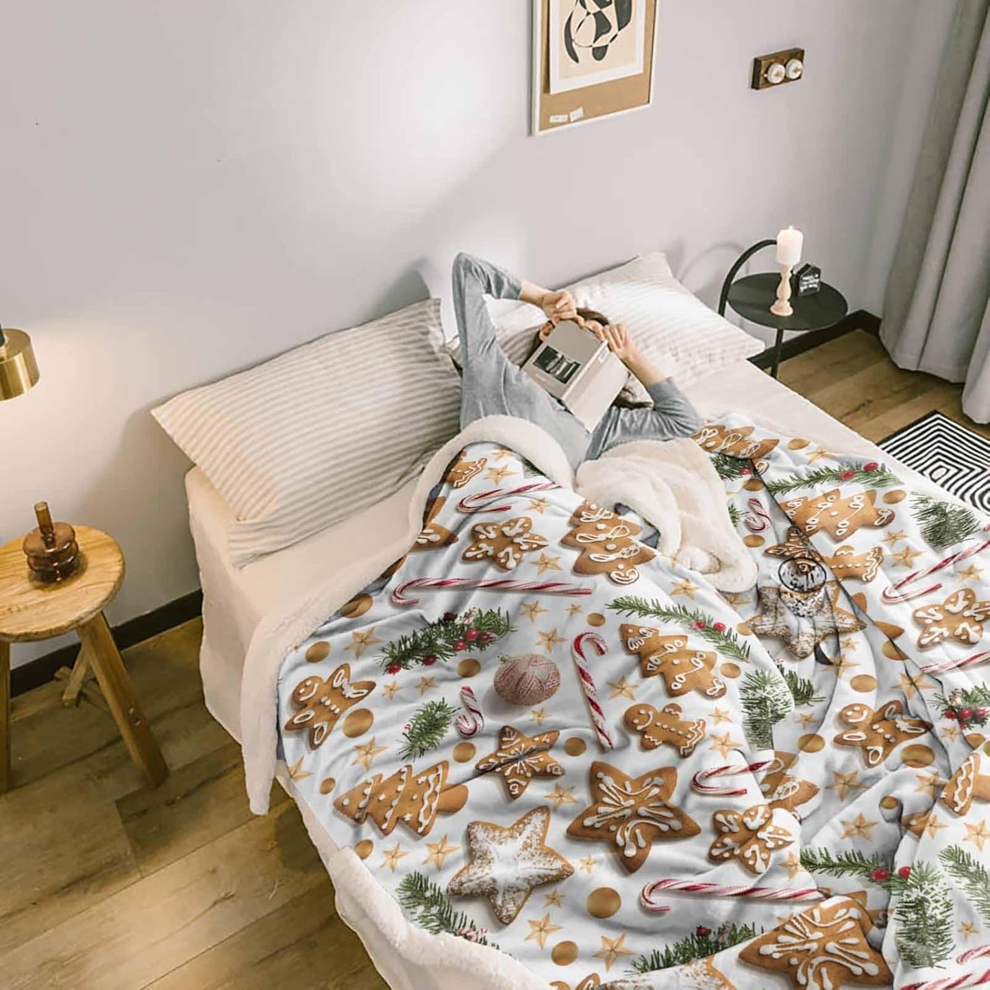 Christmas Sherpa Blanket Gingerbread Man Sherpa Throw Blanket Soft Cozy Fuzzy Brown Biscuit Leaf Branch Star Fleece Flannel Plush Blankets Warm Throw Blankets for Couch Sofa Bed 40" x 50"