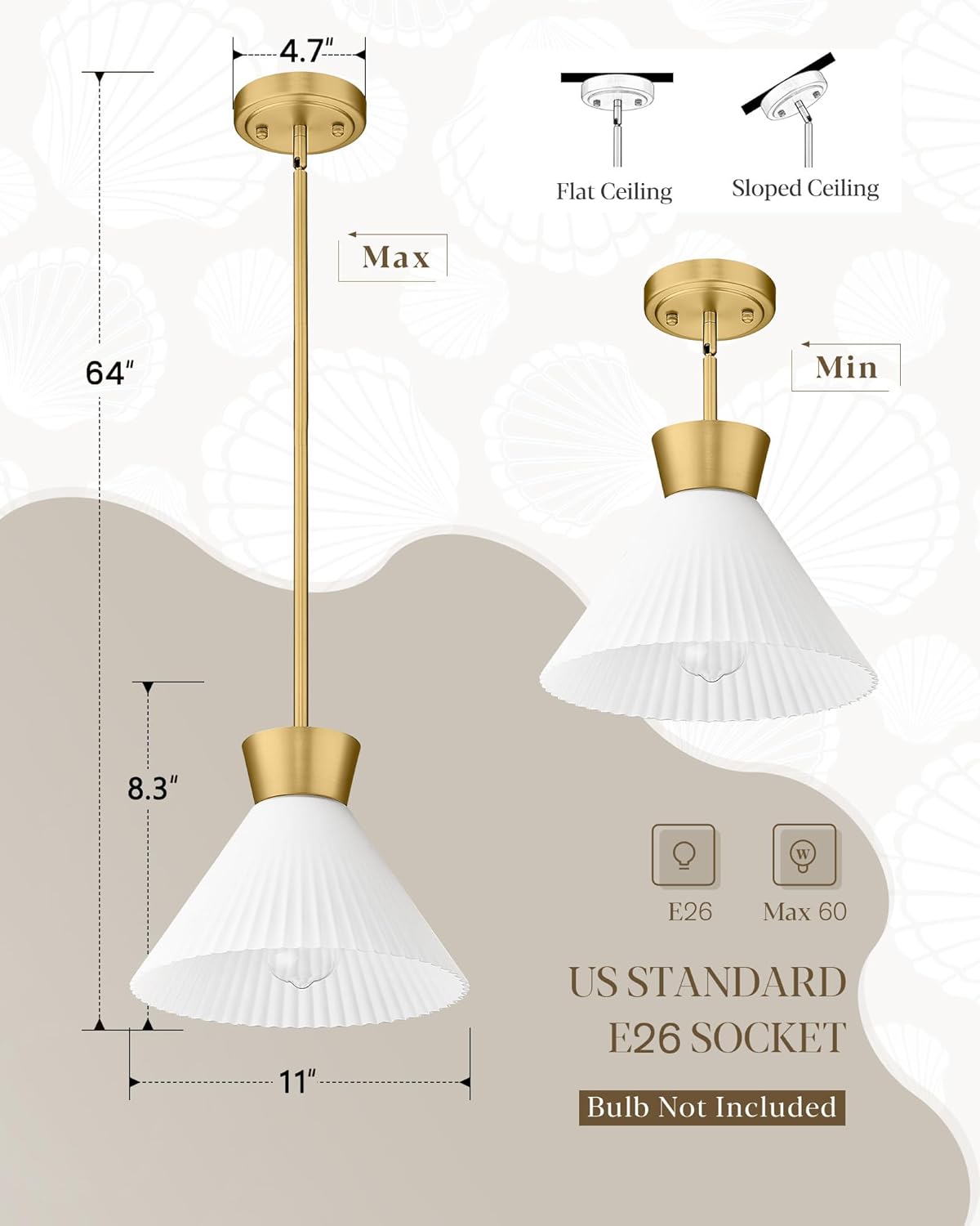 Modern Pendant Light Fixture, HWH White and Gold Kitchen Island Lights 11 Inch, 1-Light Hanging Lighting for Dinning Room Schoolhouse, Frosted Striped Glass Shade, 5HZG98MIL BG