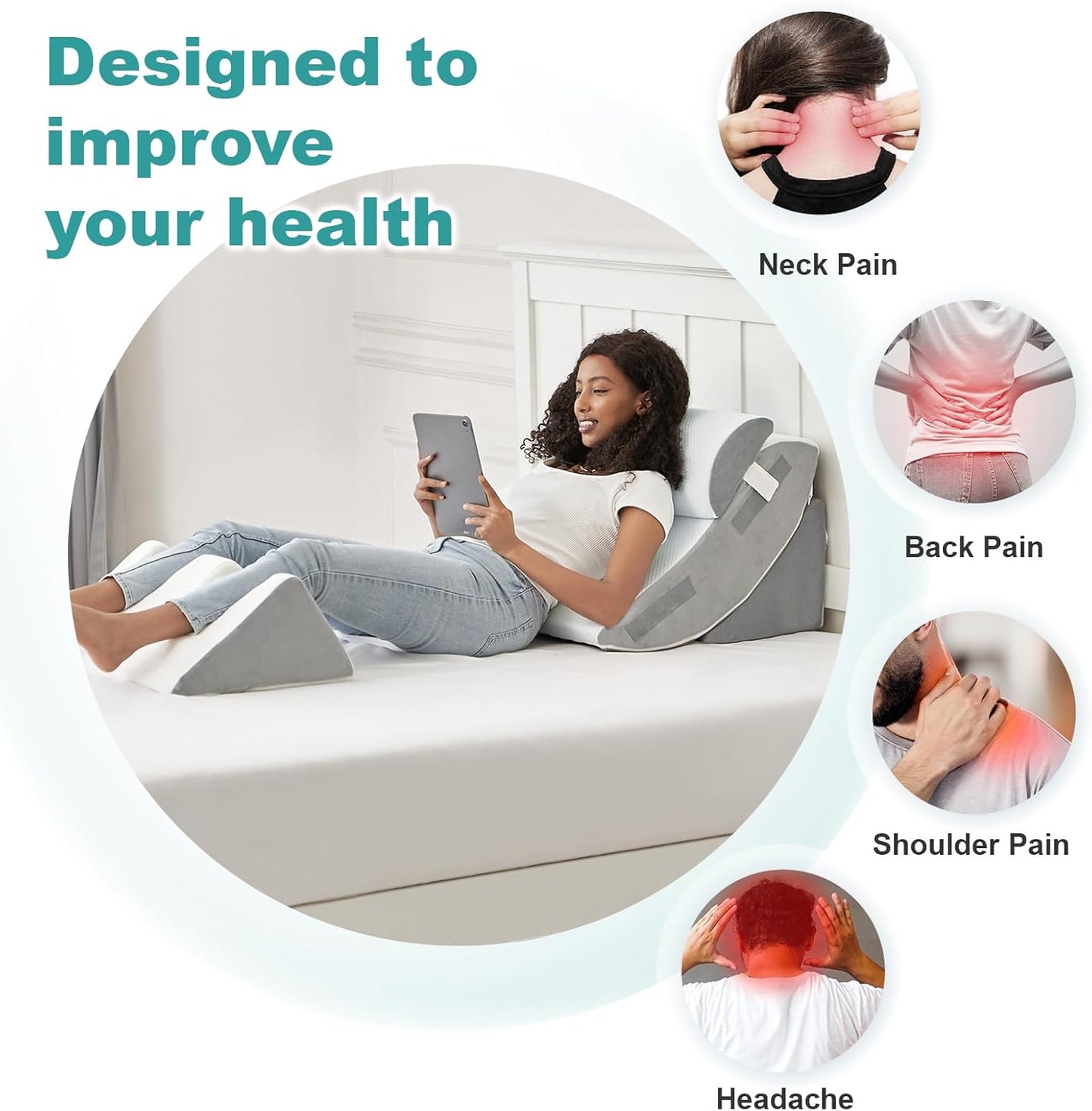 Hansleep Bed Wedge Pillow Set for After Surgery 4PCS, Post Surgery Pillow for Sleep Apnea and Acid Reflux Relief, Adjustable Reading Pillows Back Support with Memory Foam, White, 20"