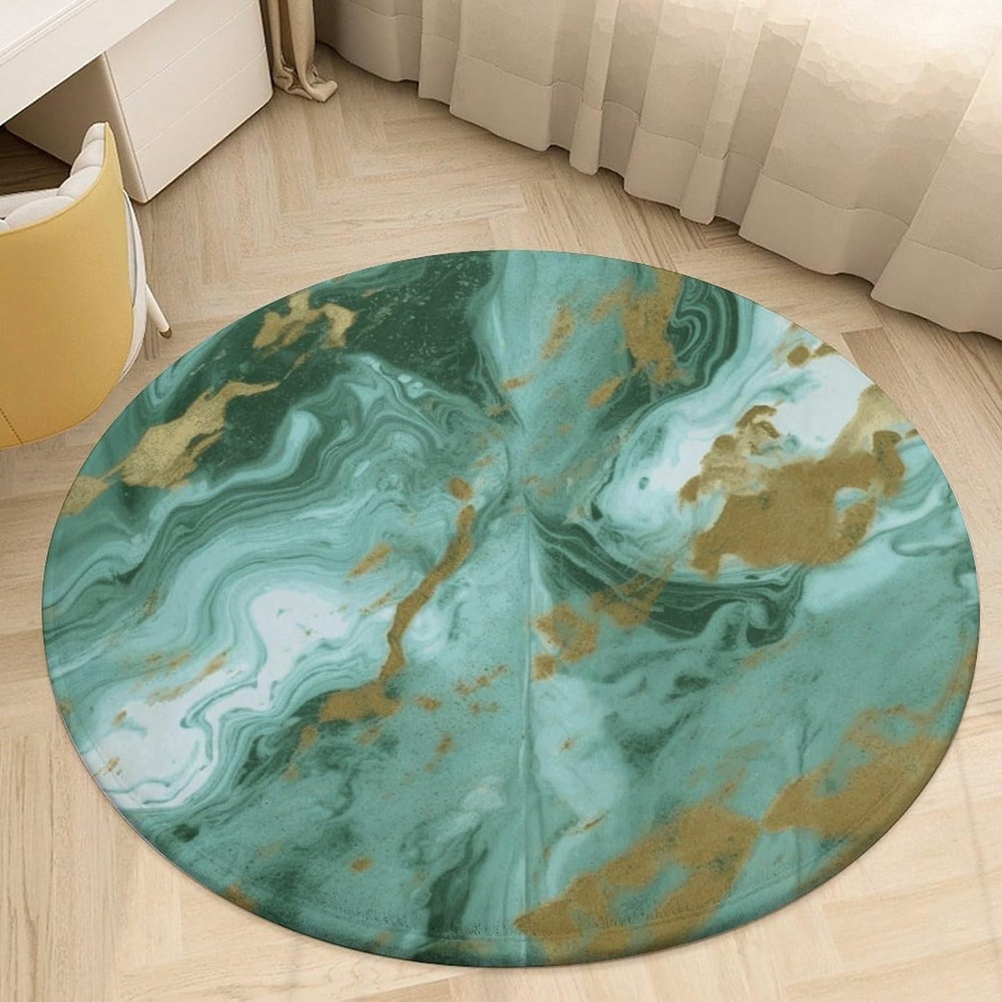 Green Gold Marble Circle Rug Retro Luxury Coral Velvet Floor Mat Non Slip Soft Indoor Floor Carpet Comfy Thickened Area Rugs Modern Aesthetic Minimalist Carpets for Home Decor
