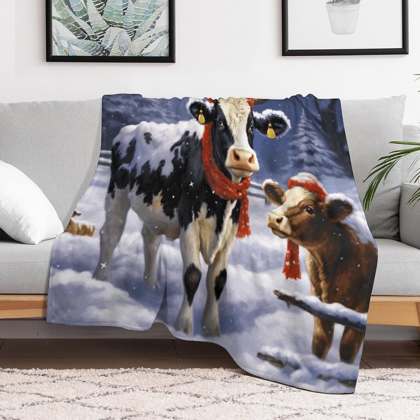 Christmas Snow Cow Blanket Chunky Fluffy Fuzzy Bed Blankets Cozy Soft Warm Winter Blankets Anti-Pilling Flannel Throw Blanket for Couch Living Room Bedroom Multiple Size