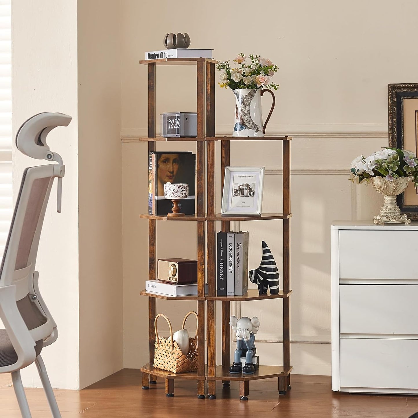4-Tier Corner Shelf with Sturdy 5-Leg Base, 40in Tall Narrow Bookcase for Small Spaces, Wooden Plant Display Shelf, Thin Bookshelf for Living Room, Bedroom, Office, Brown