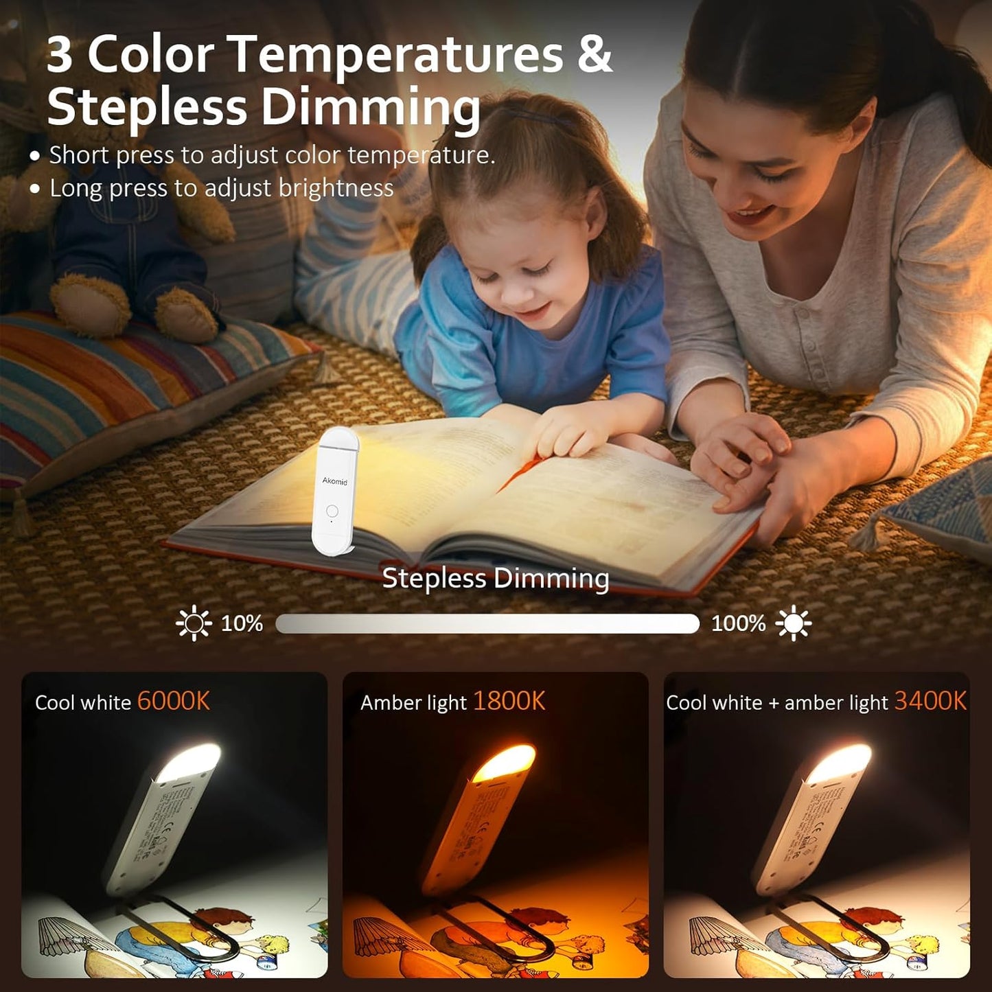 Book Light USB Rechargeable Clip on Reading Light, Eye-Cared Amber Light Mode Book Light for Reading in Bed Kids, 8 LEDs Bookmark Portable Stepless Dimming, White