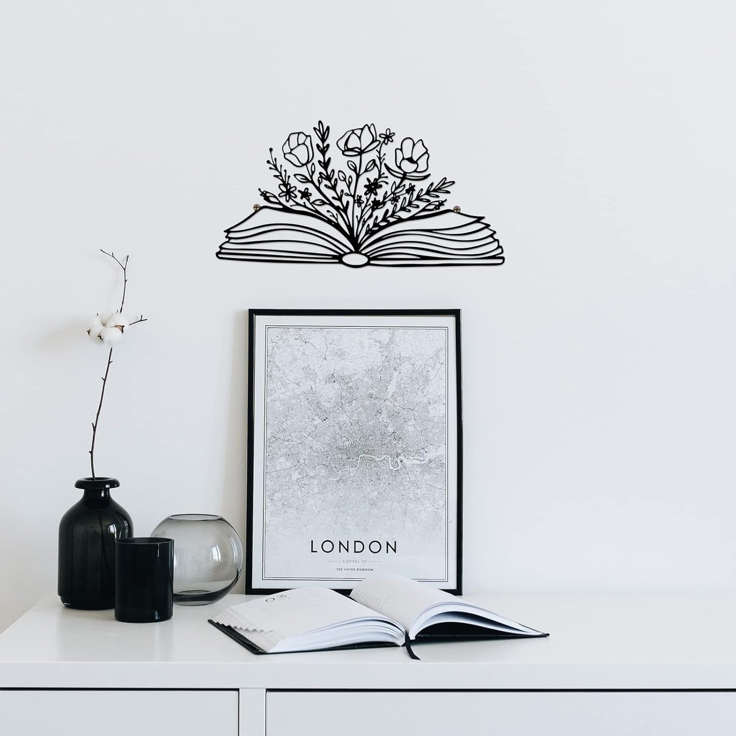 SwallowLiving 14 x 7 Inches Reading Sign Decor Book Lovers Teacher Gift Black Metal Book Flower Wall Art for Library,Reading Room,Living room or Bedroom