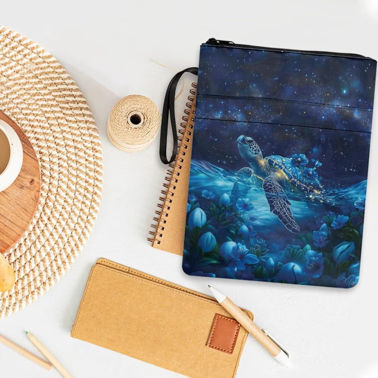 Book Sleeve for Hardcover Paperback Book Cover with Zipper and Rope Blue Floral Turtle Starry Print Bible Bag for Women Men Storage Pouch Puse for Outdoor Study