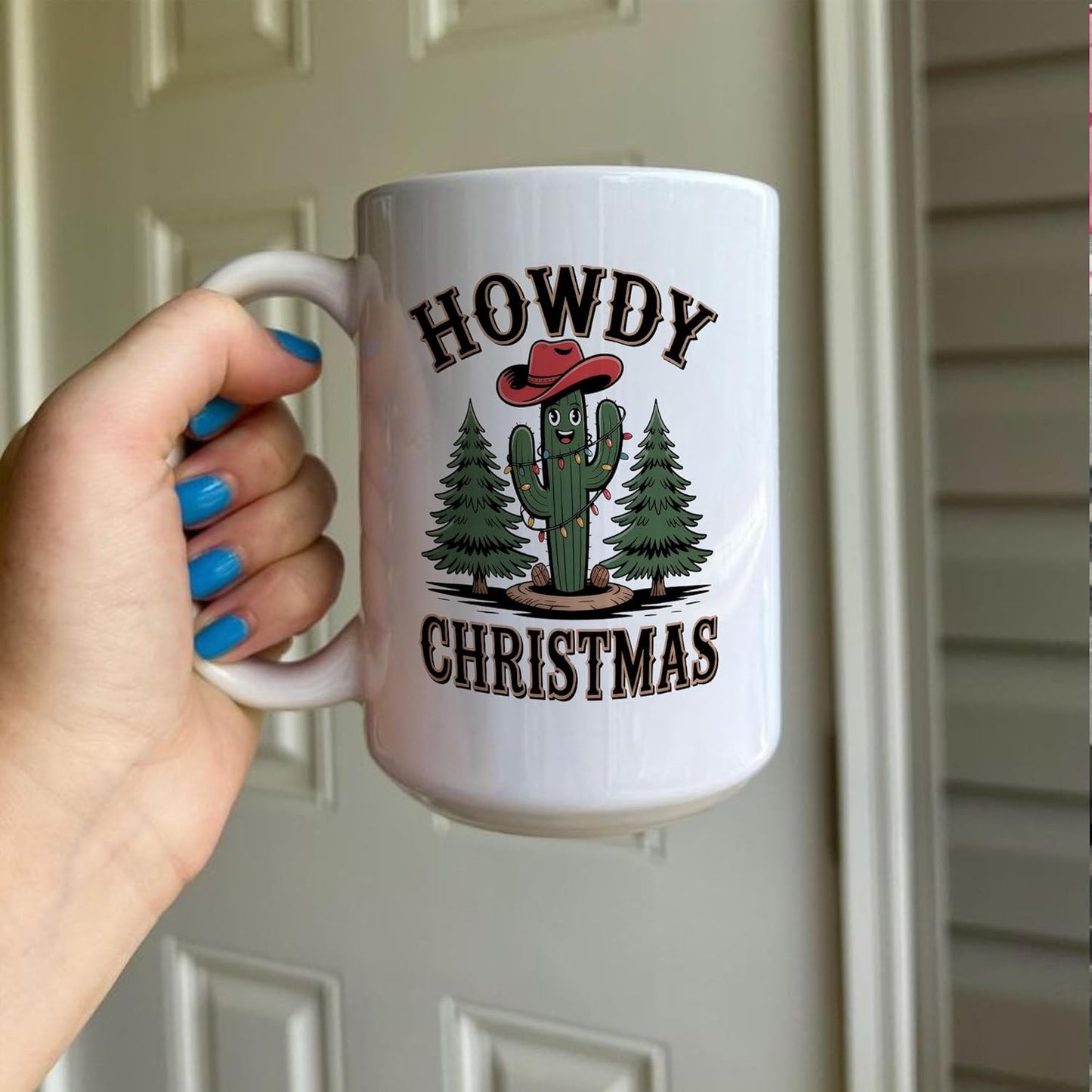 Rustic Howdy Christmas Western Cactus White Mugs, 11oz 15oz Drinking Cups, Kitchen Décor, Gifts For Book Lovers