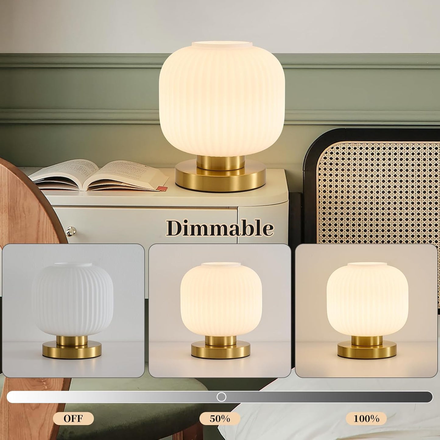 Dimmable Small Glass Table Lamp: Mid Century Modern Nightstand Light with Milk White Shade - Small Decorative Brass Desk Lamp - Ribbed Glass Bedside Tables Lamps for Bedroom Living Room Bulb Excluded