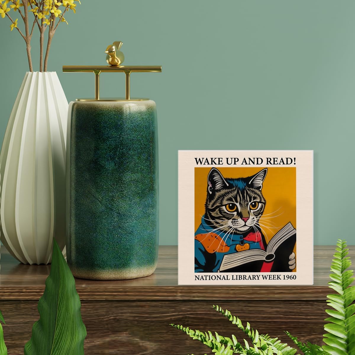 Cat Reading Sign Decor Wake Up and Read Wood Block Sign Inspiring Home Desk Table Shelf Decoration Reader Gift