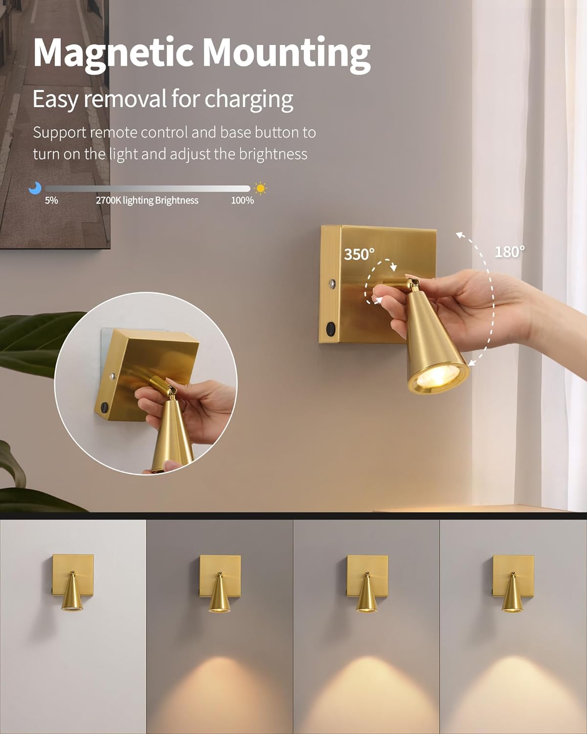Battery Operated Wall Sconce Set of Two, Wall Lamp with Remote, 7000mAh Dimmable Magnetic 350° Swivel Cordless Rechargeable Wall Lights for RV Bedside Hallway Gallery Wall Decort - Gold