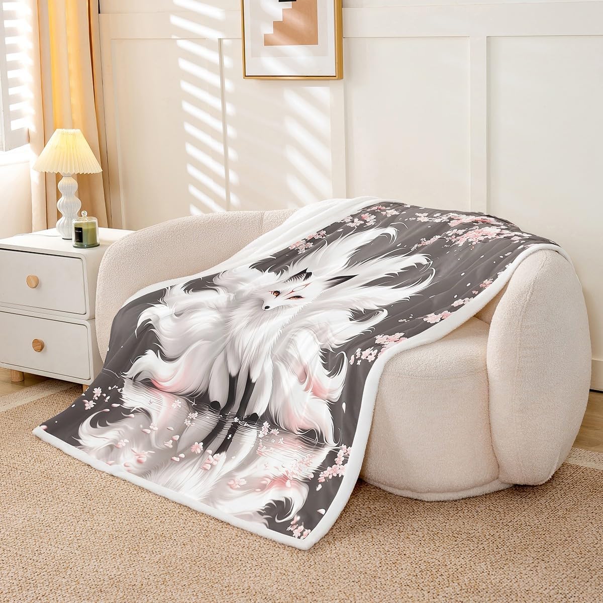 White Fox Bed Blankets,Japanese Style Ukiyo-e Throw Blanket Kids Boys Teen Adult Room Decor,Pink Cherry Blossom Fleece Blanket Wild Animal Sakura Pattern Fuzzy Blanket,50"×60"