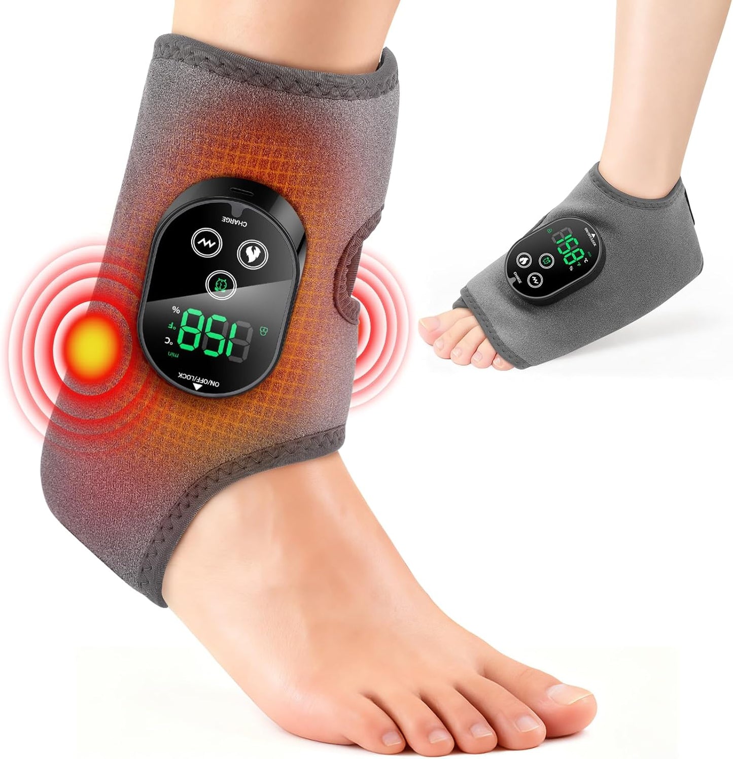 Cordless Foot and Ankle Massager for Pain Relief, Rechargeable Foot Massager for Neuropathy Ankle Heating Pad Wrap with Massage for Circulation, 6 Heat & 3 Vibration Levels, Auto Shut-Off (Grey)