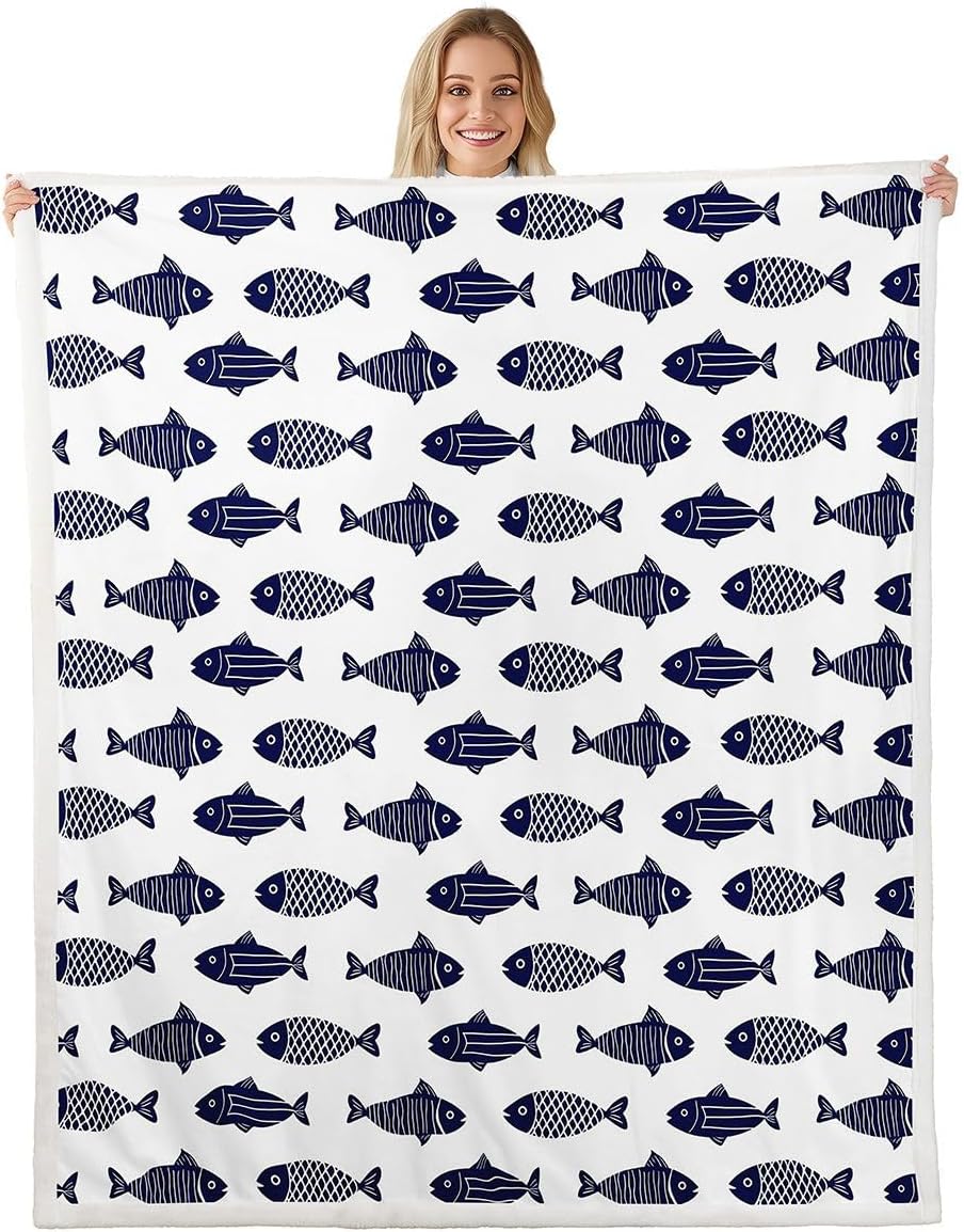 Feelyou Fishes Sherpa Throw Blanket for Couch Blue Fish Super Soft Cozy Fleece White Blue Floral Blanket for Winter, Plush Throw Nautical 40"x50" All Season