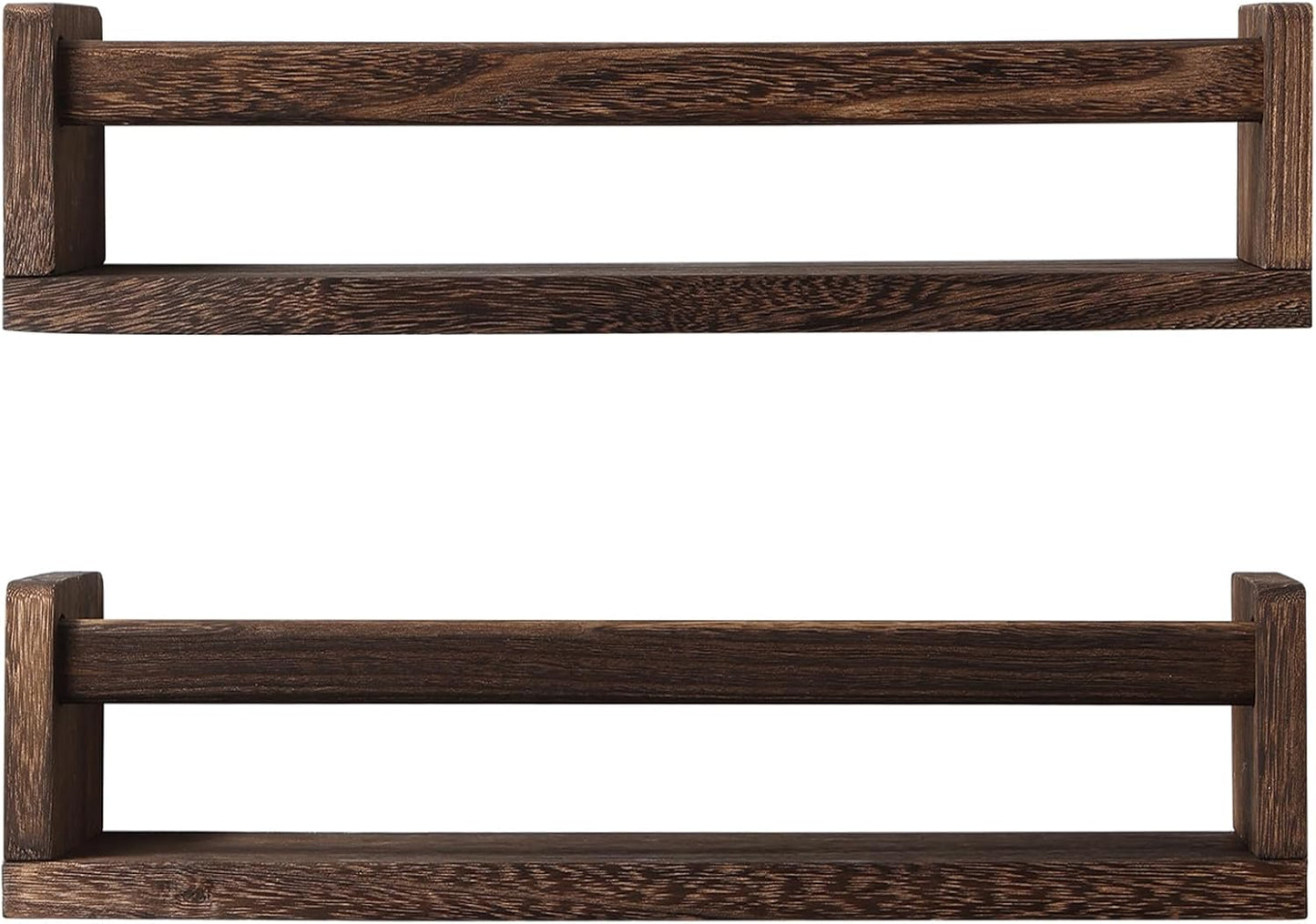 Nursery Book Shelves, Set of 2 Wood Floating Book Shelves for Kids Room, Kitchen Spice Rack, or Rustic Wall Mounted Shelves for Farmhouse Bathroom Décor (Carbon Brown)