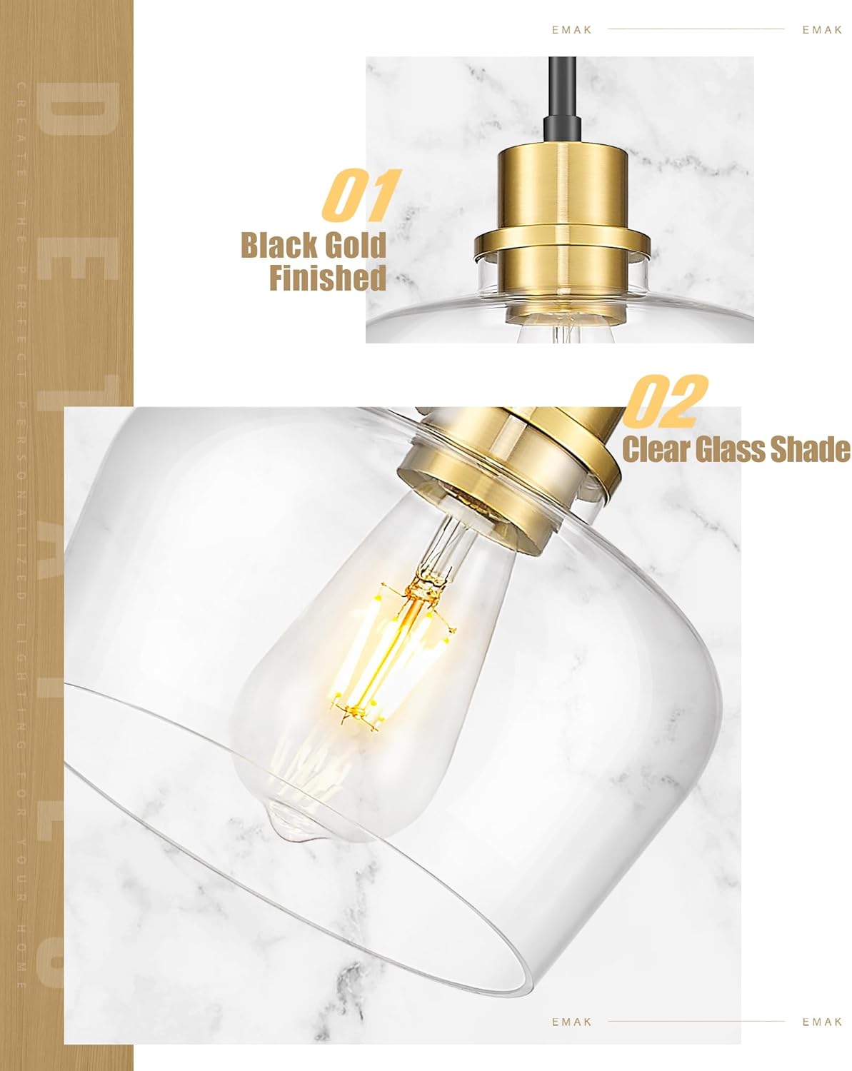 Emak 8 Inch Modern Pendant Lights Kitchen Island, Farmhouse Black and Gold Pendant Light Fixtures with Clear Glass Shade for Kitchen, Bedroom, Dining Room, PL122-BKBGD-CG
