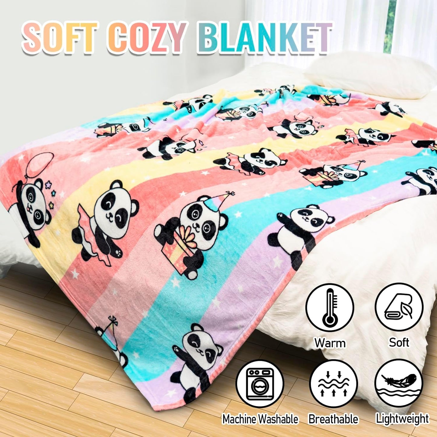 Panda Blanket with Rainbow Stripes, Soft and Warm Throw for Couch Sofa and Bed, Gifts for Girls Kids, 60 x80 Inches