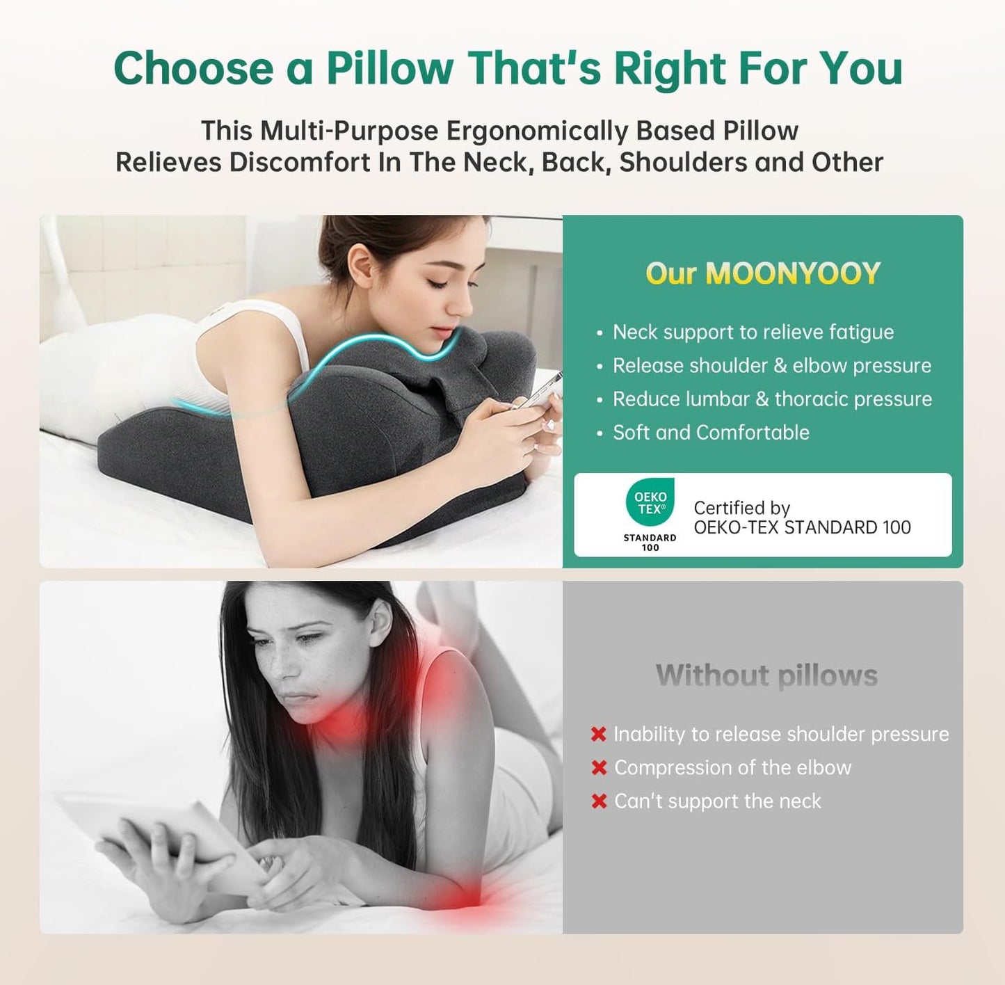 Memory Foam Ergonomic Support Pillow & Leg Elevation Cushion - Memory Foam Back Support for Bed Sitting, Reading & Daily Relaxing, Removable Washable Cover, Gray