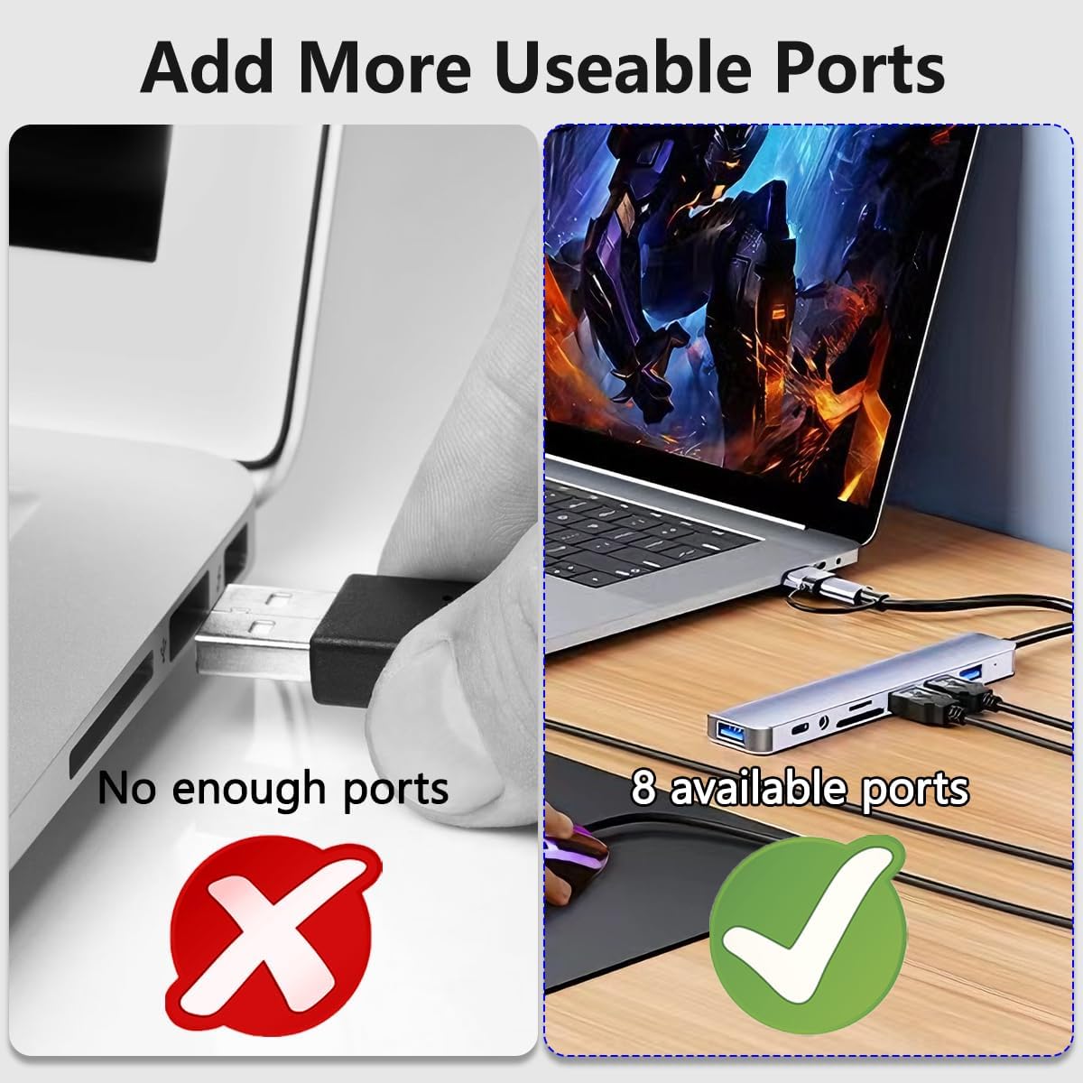 USB Hub 3.0 USB C Hub with SD Card Reader Audio Jack 8 in 1 USB Extender Splitter Multiport Dongle Adapter for MacBook Pro Air and More PC/Laptop/Tablet Devices
