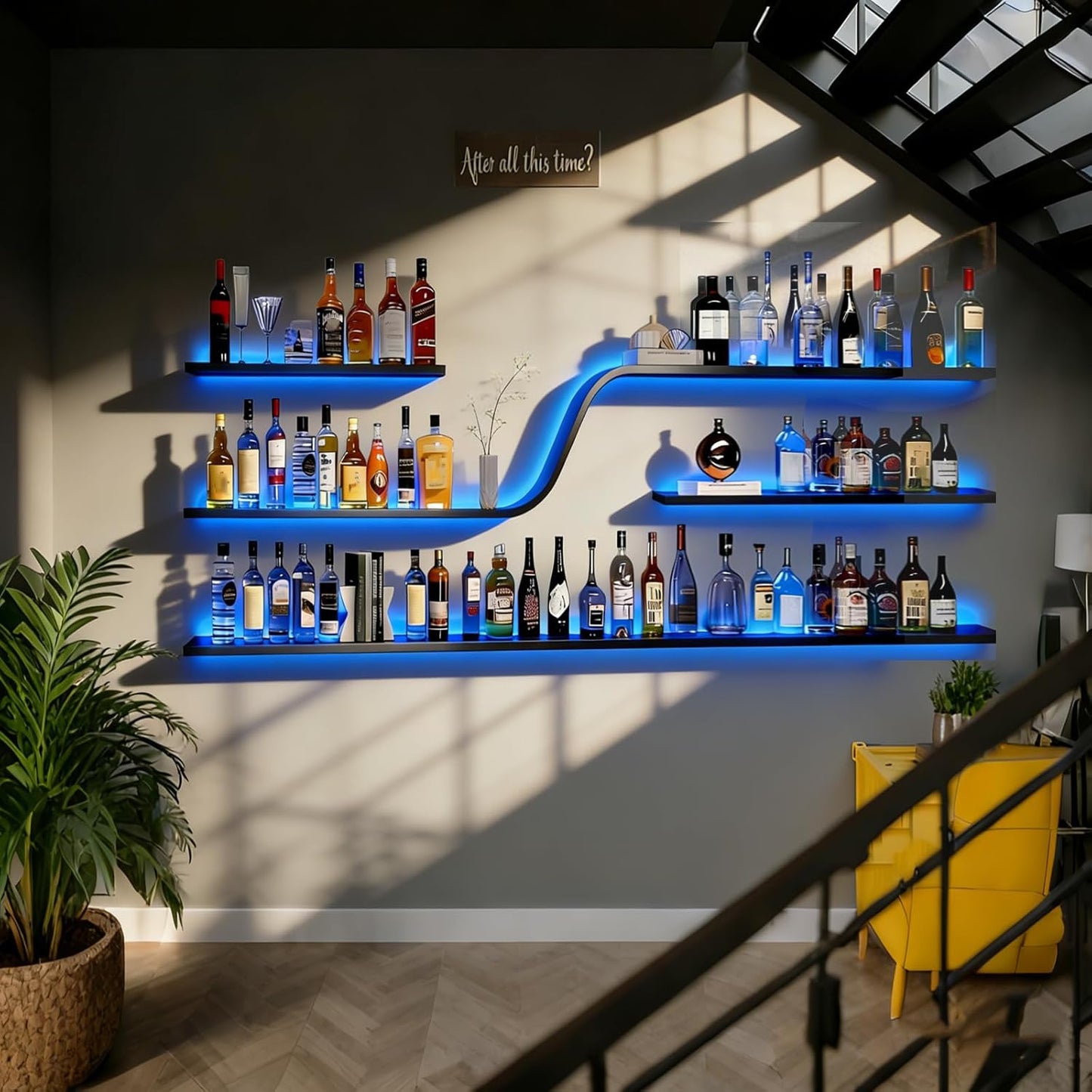 Modern Wall Mounted Wine Rack with Blue LED Light, 3-tiers Metal Curved Bar liquor Bottles Display Shelf, Large Floating Bar Shelves Storage for Home bars, kitchens Coffee Shop (Black, 47in)