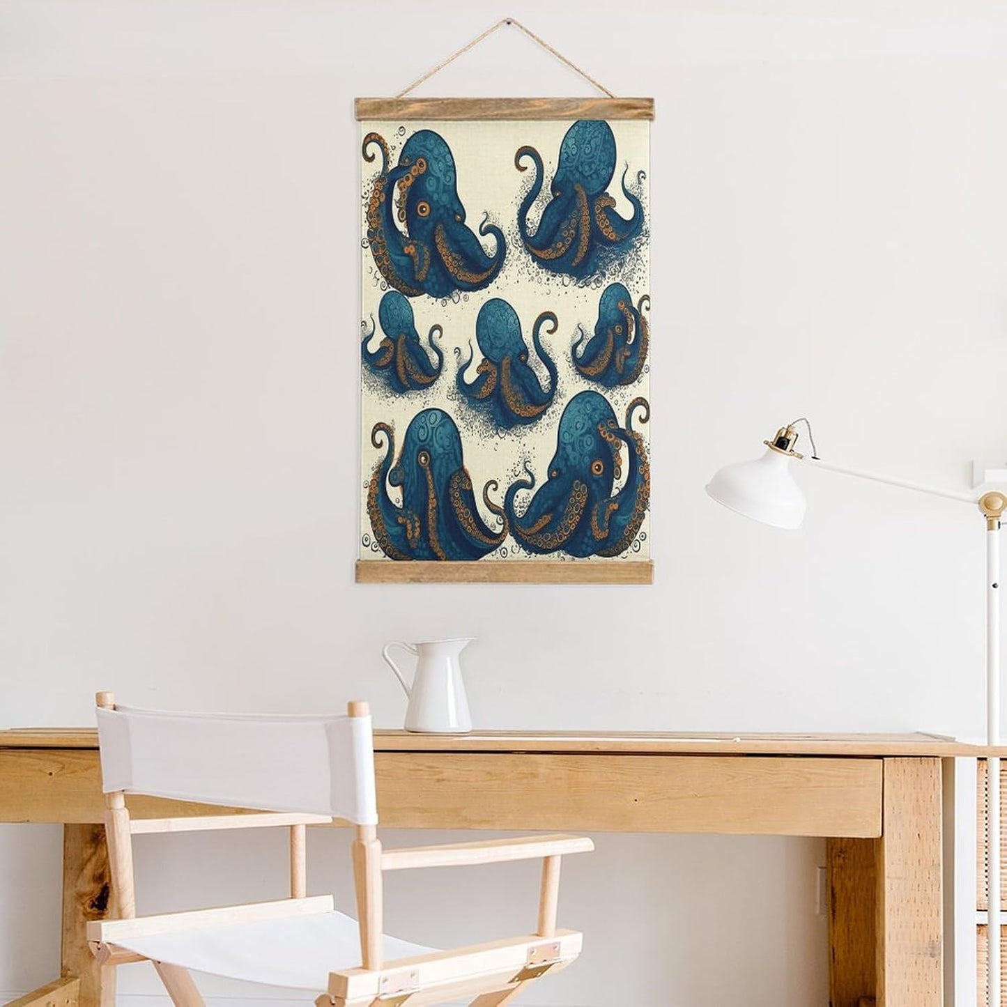 Vintage Tentacles Octopus Poster with Wooden Frame Personalized Linen Hanging Scroll Painting Rustic Wall Hanging Illustrative Modern Artwork Decor for Home Living Room Bedroom Office