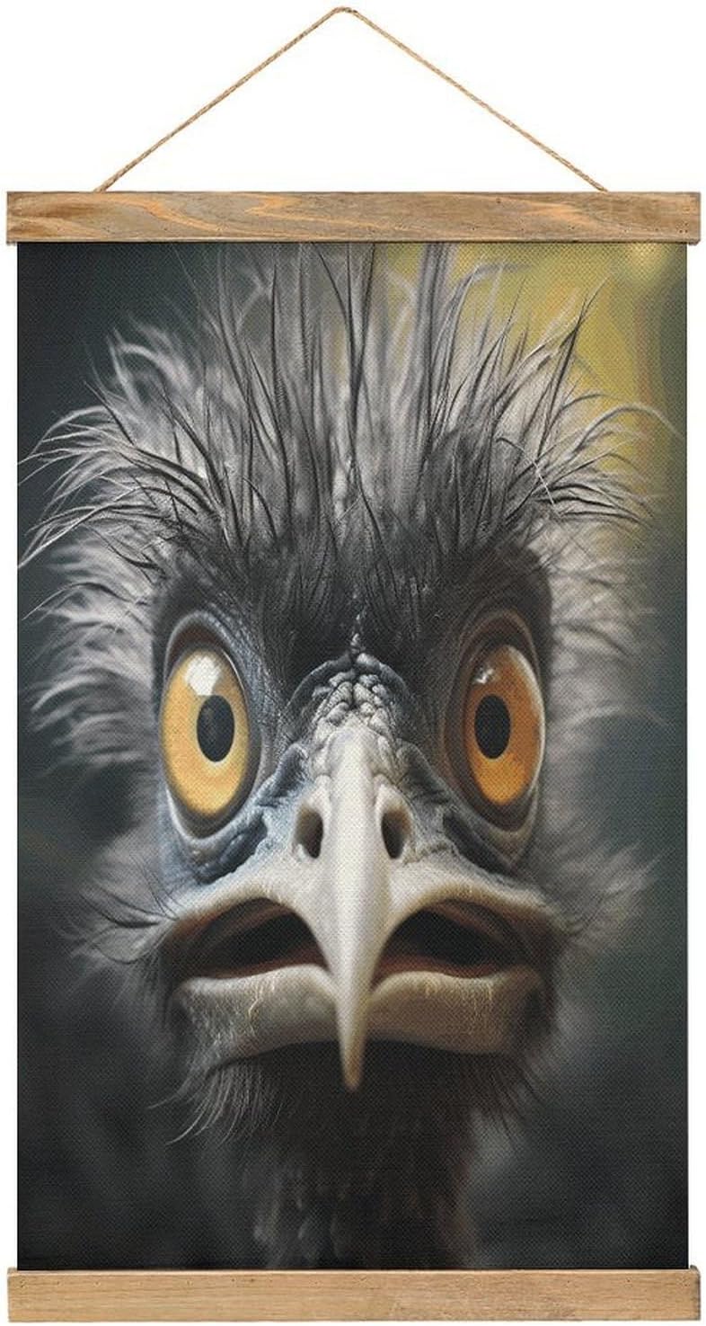 Vintage Emu Poster with Wooden Frame Personalized Linen Hanging Scroll Painting Rustic Wall Hanging Illustrative Modern Artwork Decor for Home Living Room Bedroom Office