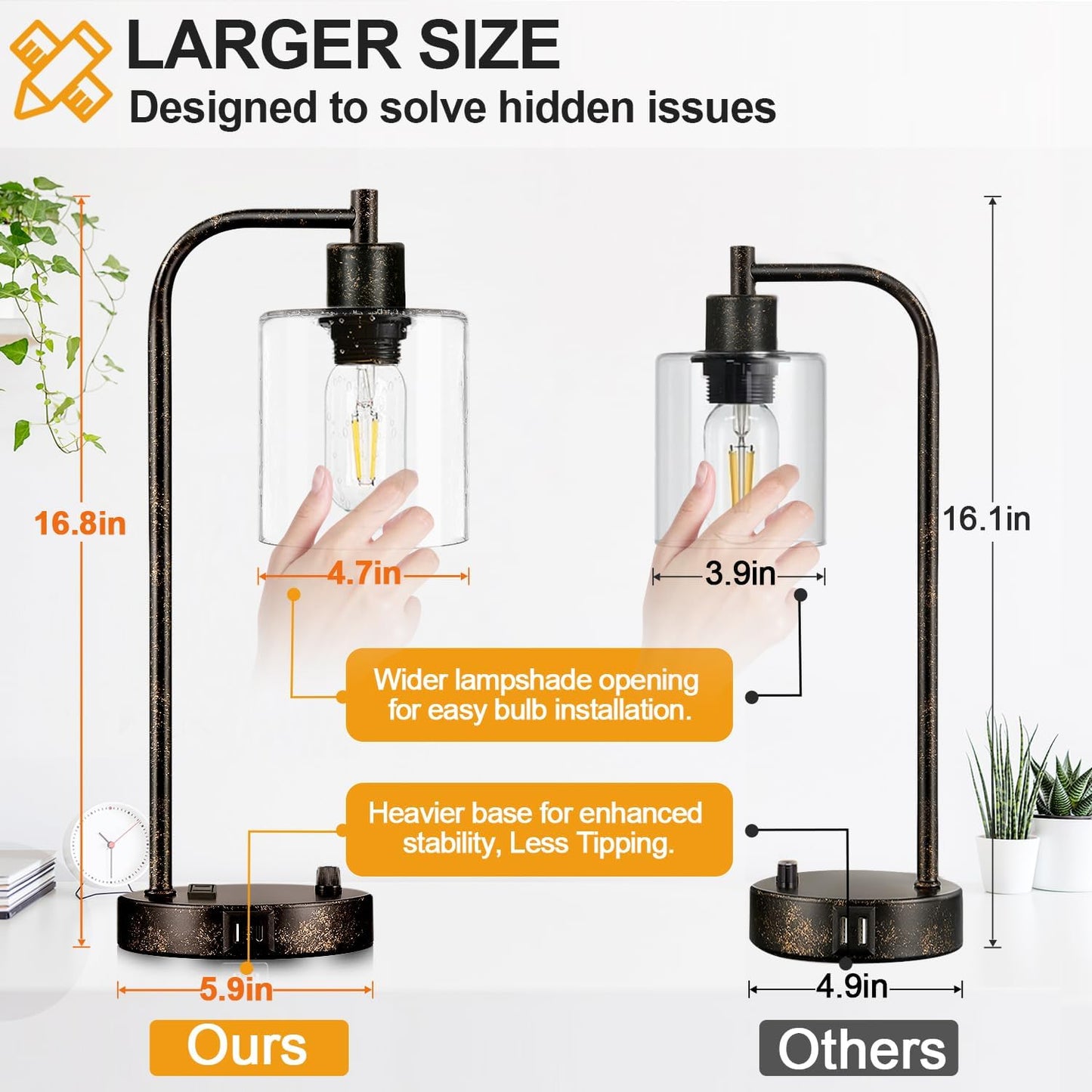 Set of 2 Industrial Table Lamps with USB Port, Rustic Black Fully Stepless Dimmable Bedside Lamps for bedrooms, Nightstand Desk Lamps with Clear Glass Shade for Reading Living Room Office 2 LED Bulb